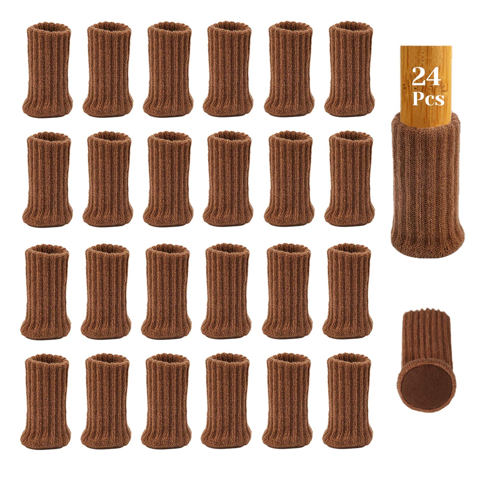 MERYSAN 24Pcs Chair Leg Socks with Felt Pads, High Elastic Knitted Furniture Booties with Double Layered, Non-Slip Thick Floor Protectors Covers Pads Caps Set - Avoid Scratches & Noise (Brown)