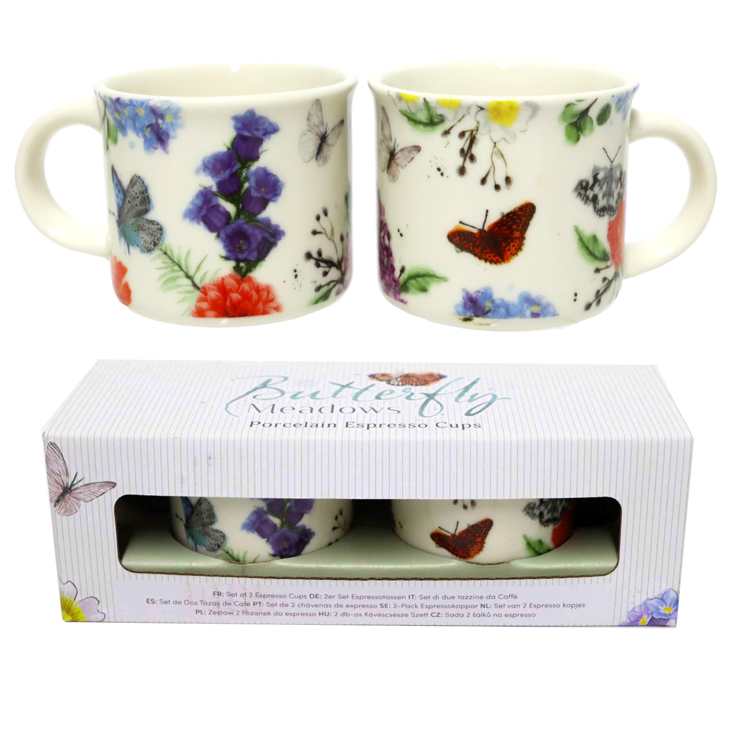 Puckator - Set of Two Porcelain Coffee Cups with Butterfly Theme, Animals - Original English Design Butterfly Meadows - Espresso Cup
