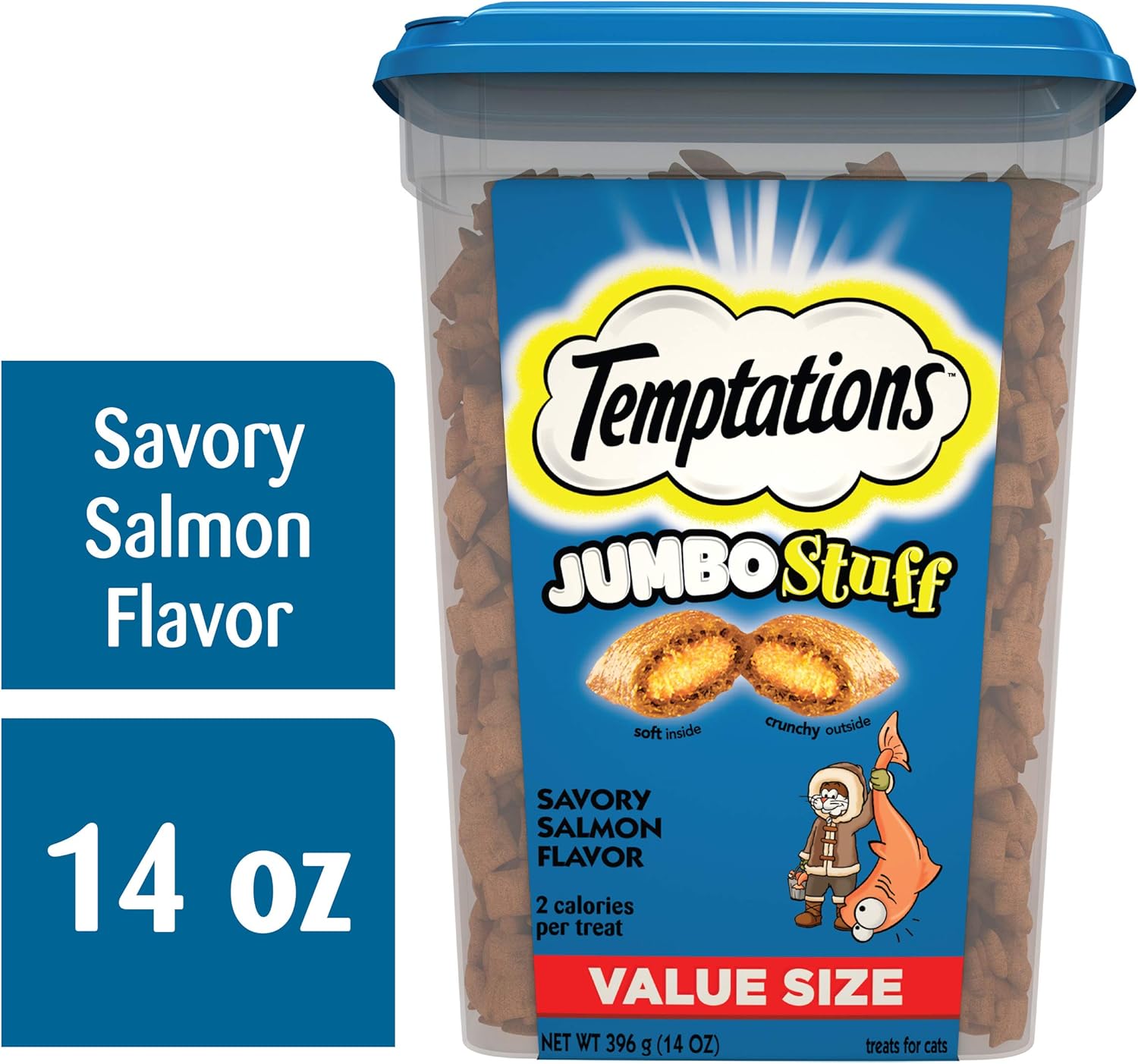 TEMPTATIONS Jumbo Stuff Crunchy and Soft Cat Treats, Savory Salmon Flavor, 14 oz. Tub : Pet Supplies