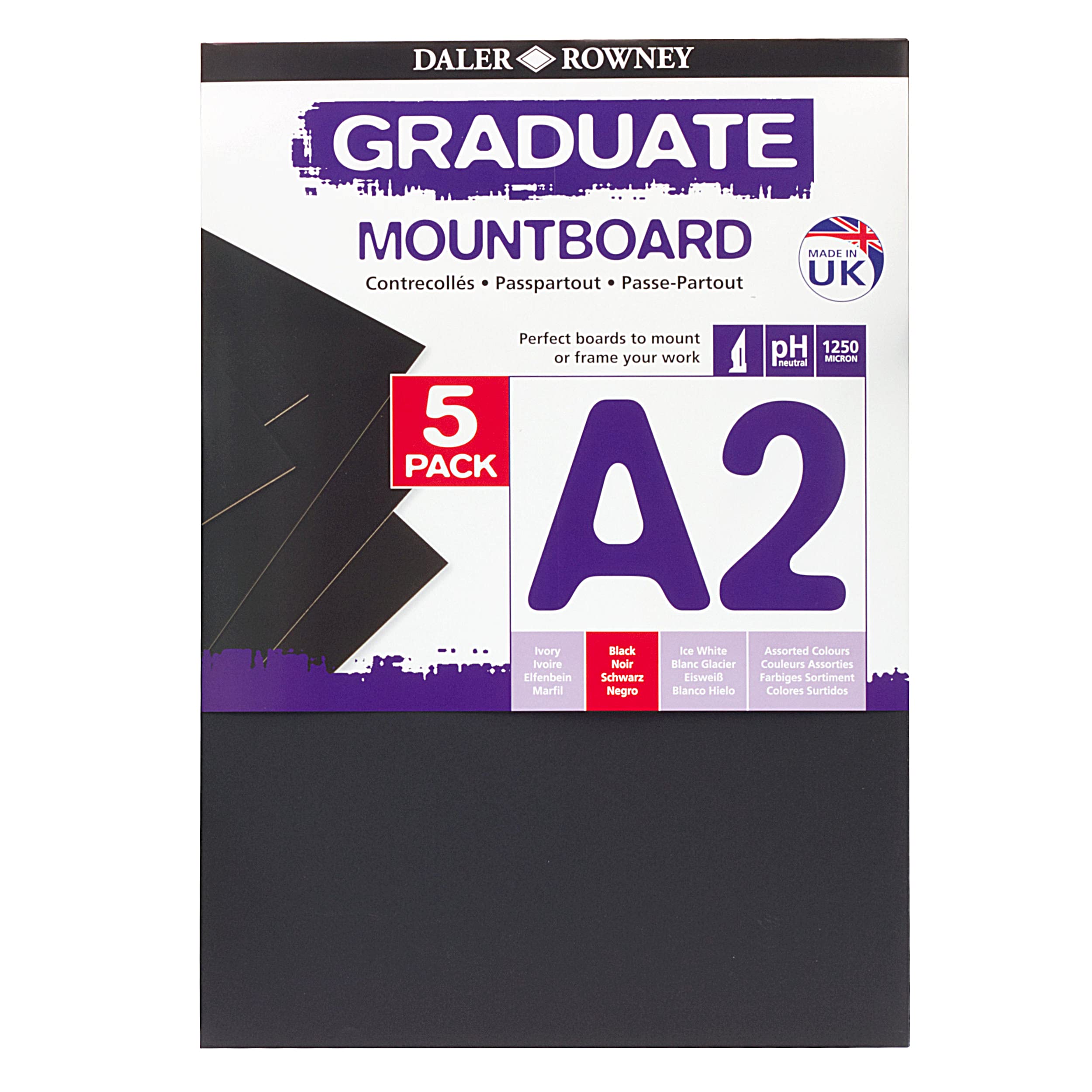 Daler-Rowney Graduate 1.25mm Thick A2 Cream Core Mountboard with a Smooth Black Surface Pack, 5 Boards, For Students and Displays