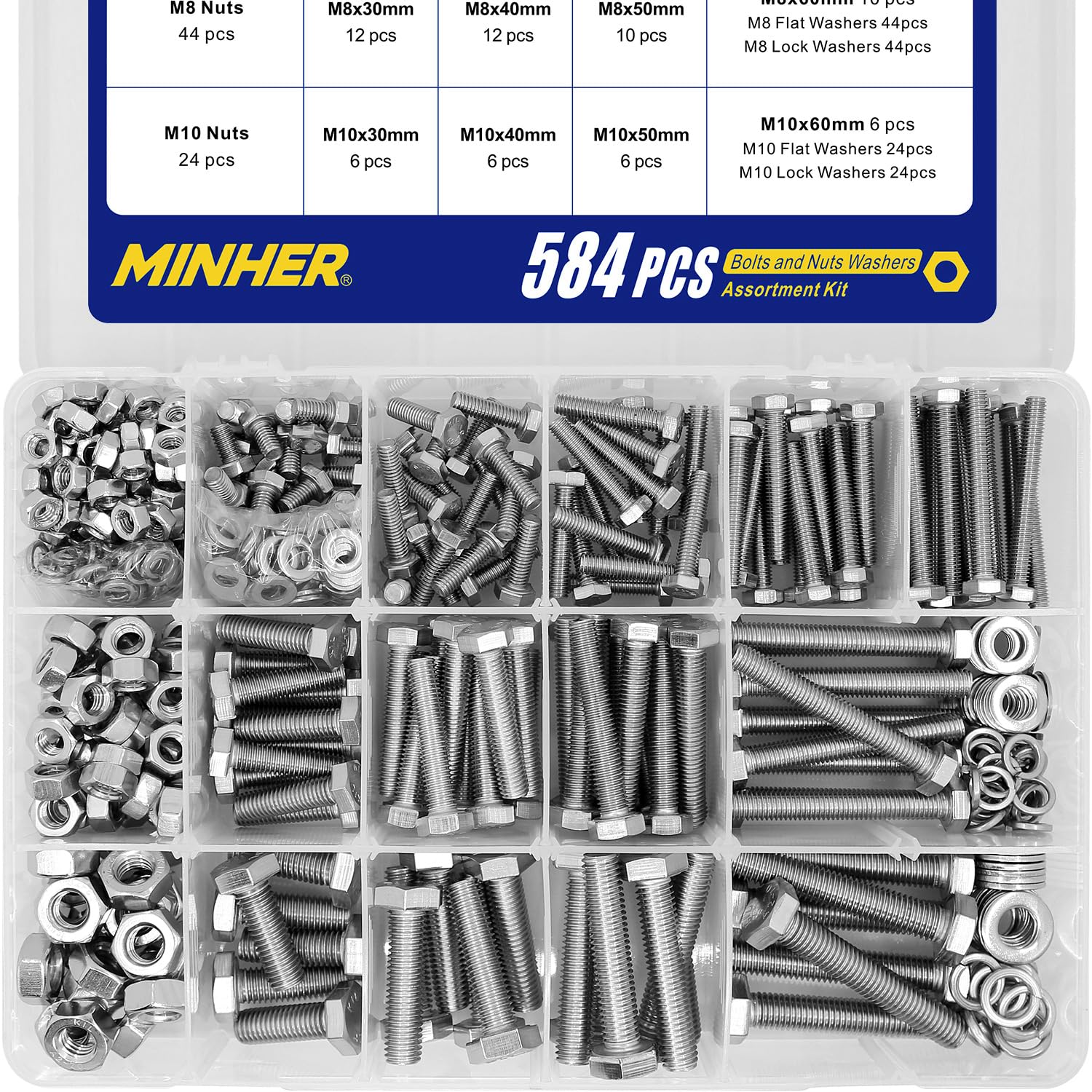 MINHER 584PCS M6 M8 M10 Heavy Duty Bolts and Nuts Assortment Kit 304 Stainless Steel(18-8) Hex Screws Nuts & Washerss kit,Includes 15 regular sizes(Large box)