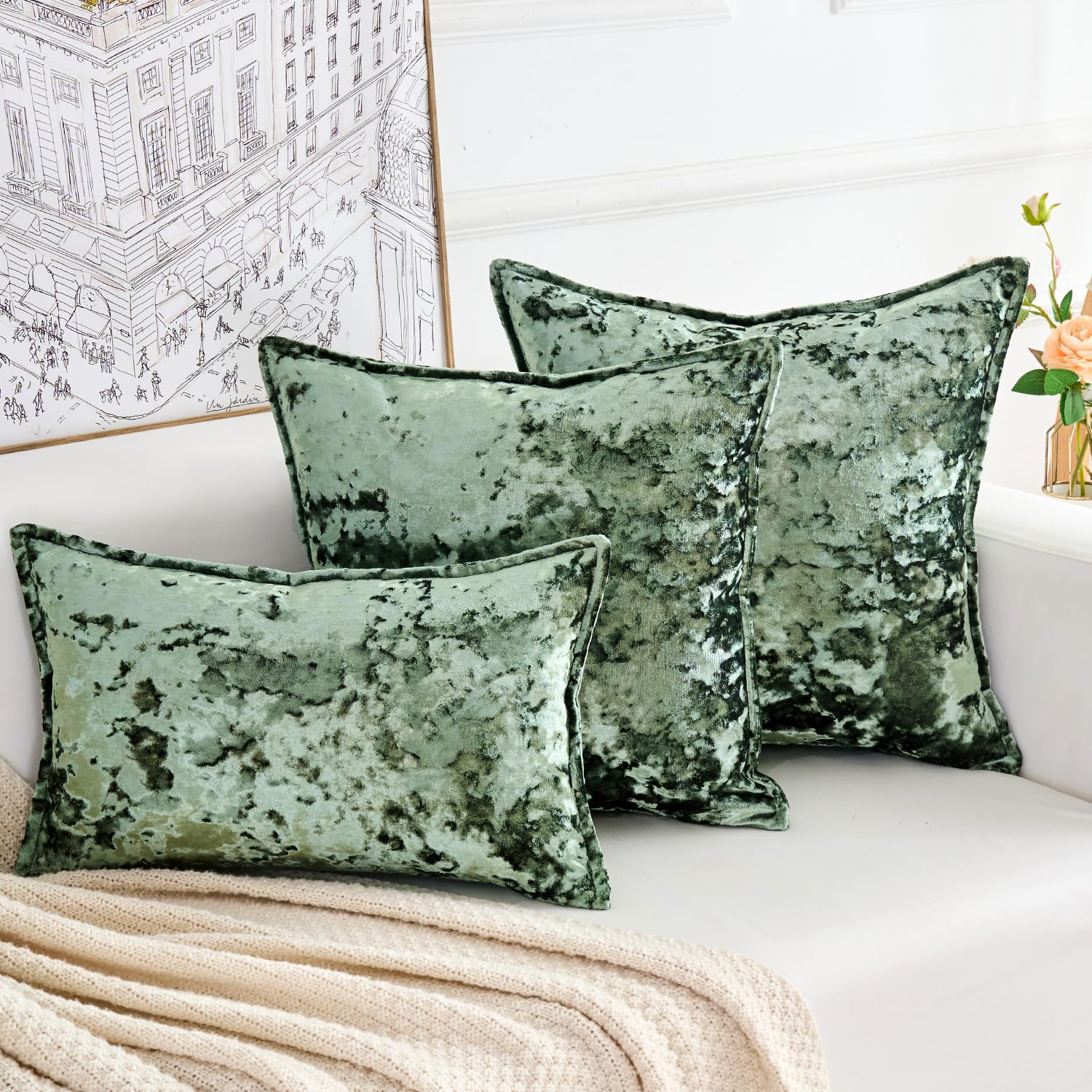 Yonous Premium Series, Crushed Velvet Cushion Covers, Luxury Thick Throw Pillow for Home Decor, Olive Green, 18 x 18 Inch / 45 x 45 cm