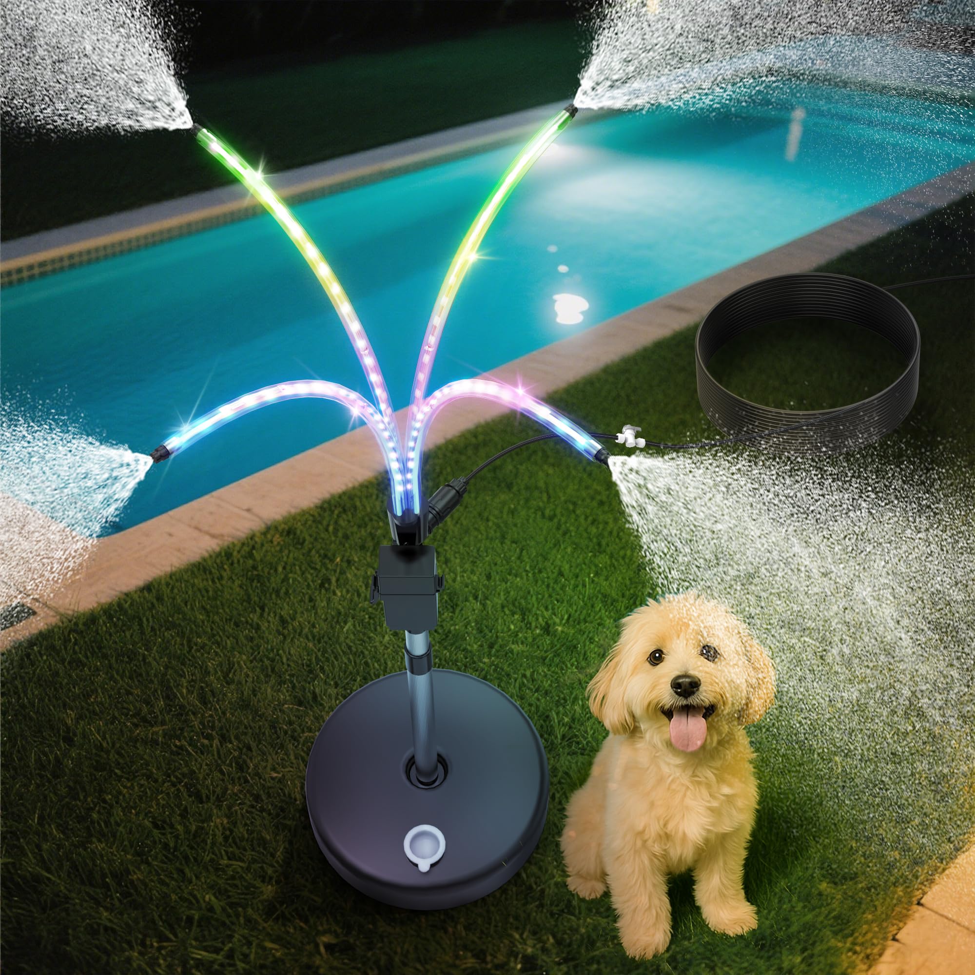 Photo 1 of Patio Mister For Outside - LED light Music Sync Color Changing Strip Lights w/Remote App Control RGB Strip, 4 Nozzles, Adjustable Riser Tube (Up To 47in), 26.2Ft Waterline Stand Misting Cooling System