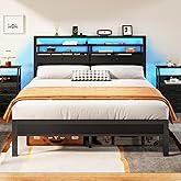 Furnulem Full Size Bed Frame with Headboard & 2 Fabric Drawers, Full Platform Bed Featuring LED Lights, Built-in Charging Station & Storage Shelves, Metal Slats, No Box Spring Needed – Black Oak