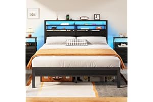 Furnulem Full Size Bed Frame with Headboard & 2 Fabric Drawers, Full Platform Bed Featuring LED Lights, Built-in Charging Station & Storage Shelves, Metal Slats, No Box Spring Needed – Black Oak