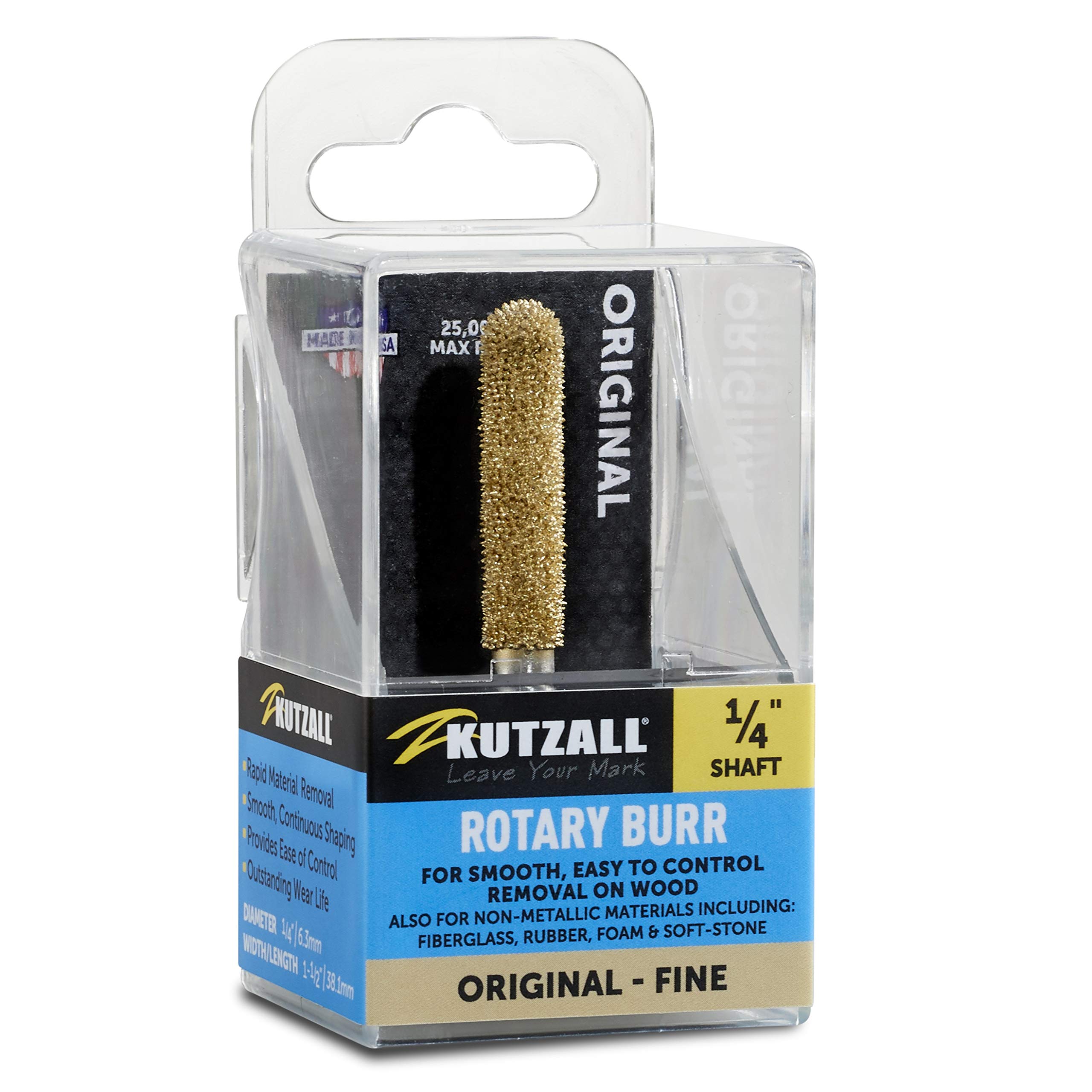 Kutzall Original Ball Nose Rotary Burr, 1⁄4" Shaft, Fine - Woodworking Attachment for Bosch, DeWalt, Milwaukee, Makita. Abrasive Tungsten Carbide, 1⁄4" (6.3mm) Dia. X 1-1⁄2" (38.1mm) Length, BN-14G