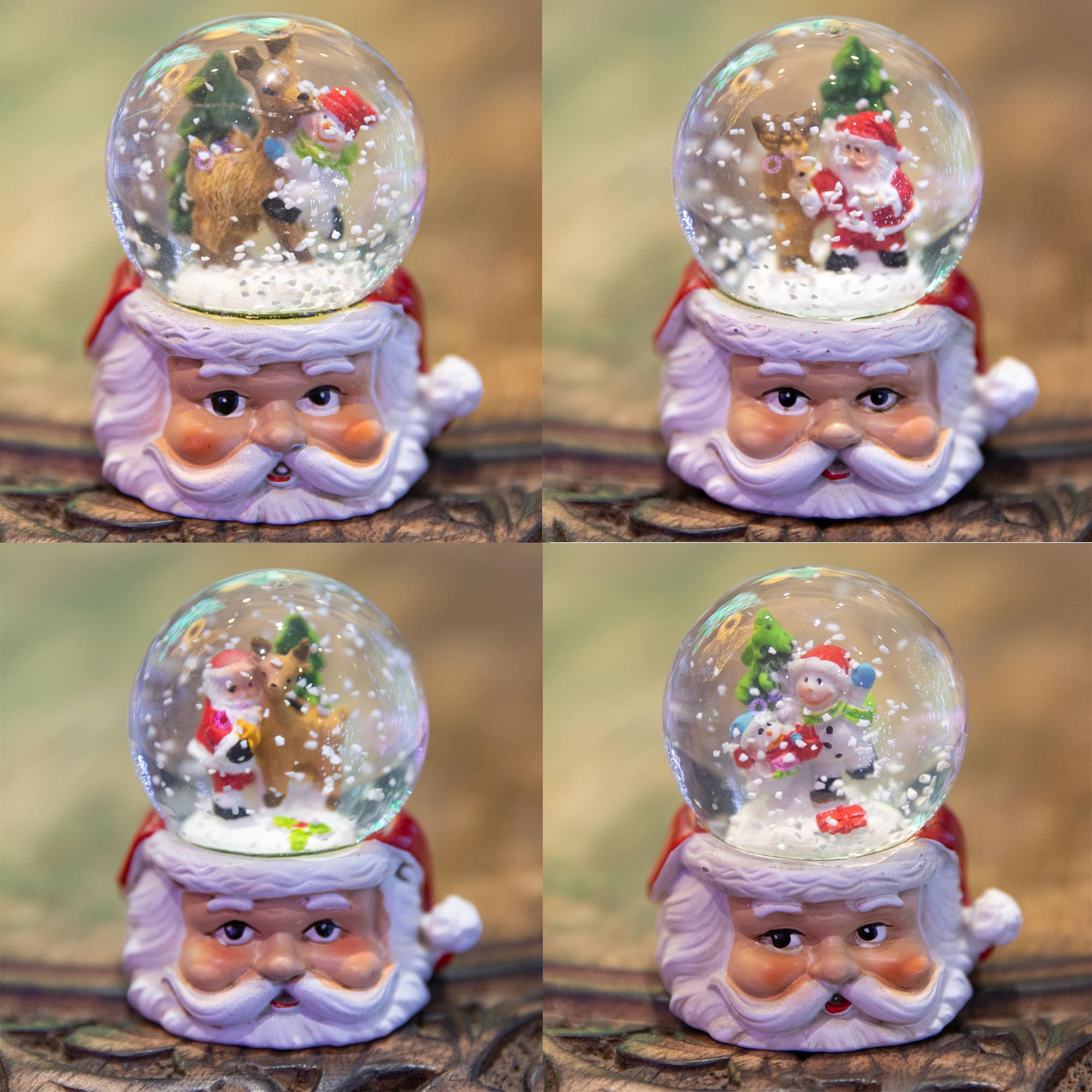 Christmas Mini Snowglobe Water Ball Snow Dome Features Santa,Reindeer,Snowman Scene Resin Santa Face Base - 5.5x7cm - Christmas Table Mantel Decorations
