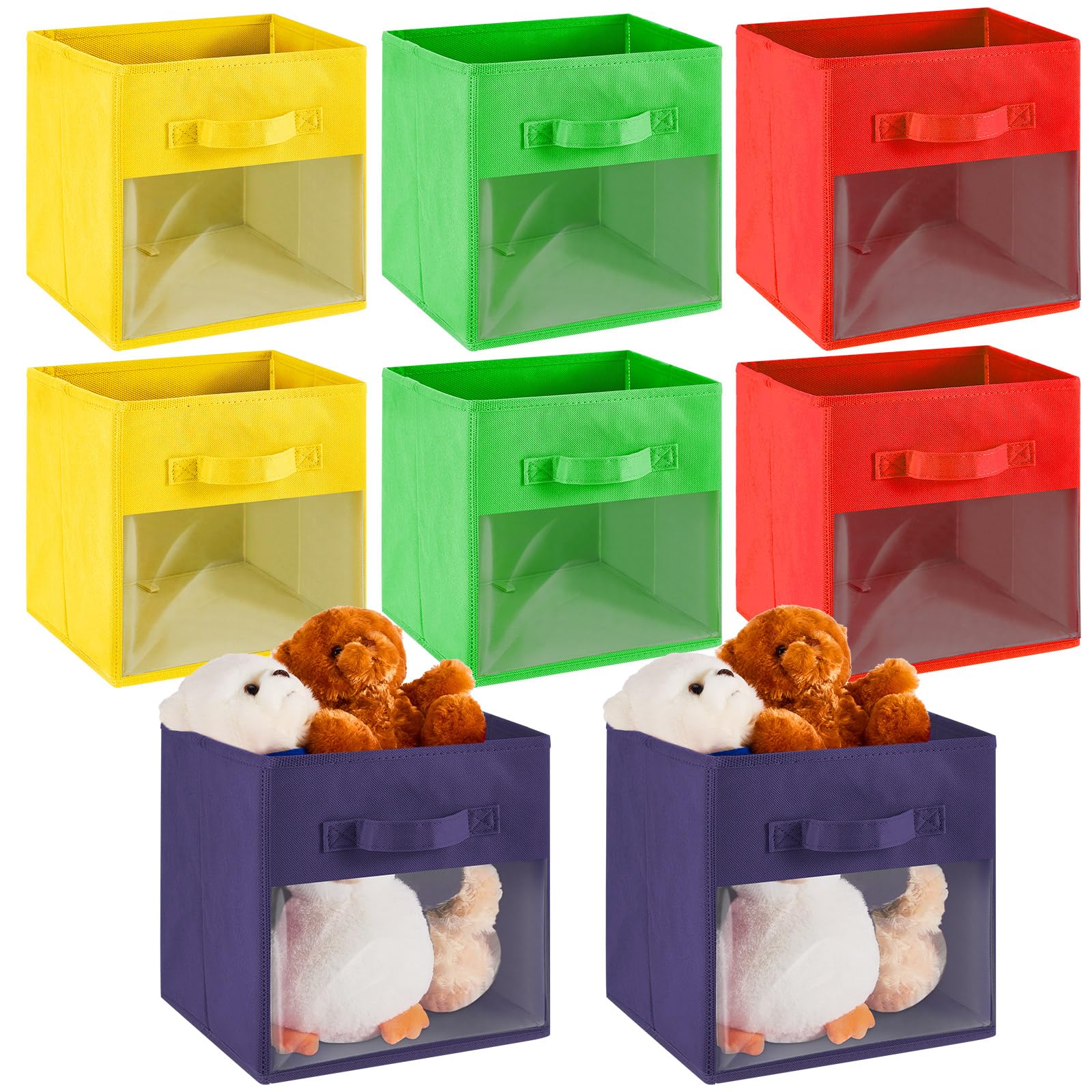 Photo 1 of 8 Pcs Cube Storage Bins with Clear Window 11'' Daycare Storage Cube Organizer Bins for Closet Kid Nursery Playroom with Handle Fabric Collapsible Storage Cubes(Red, Yellow, Dark Blue, Green)