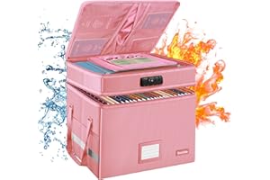 DocSafe File Box with Lock,Multi-Layer Fireproof Document Box Collapsible File Storage Organizer with Pockets/Handle,Large Portable Home Office Filing Box for Hanging Letter/Legal Size Folders,Pink