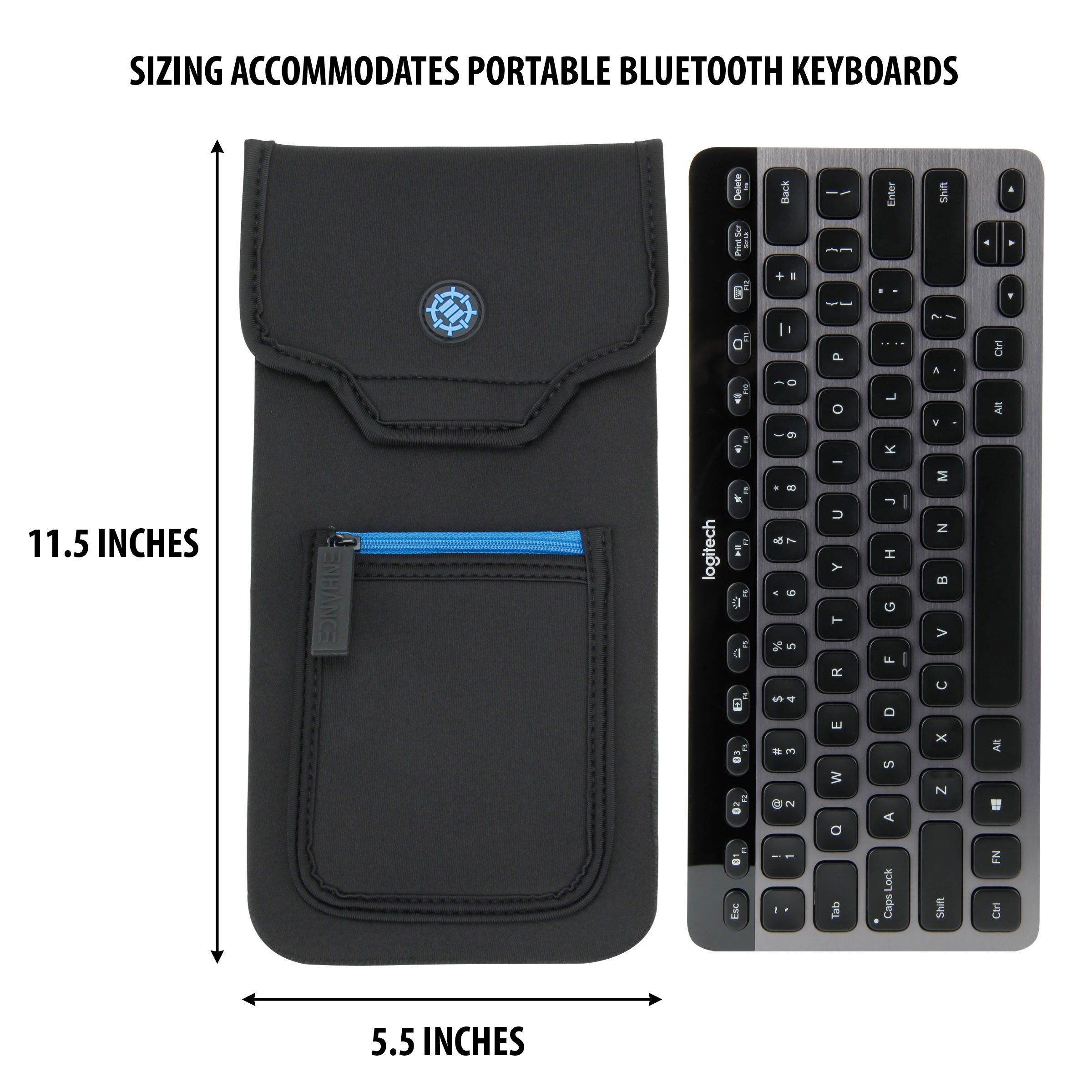 ENHANCE Bluetooth Keyboard Sleeve Case for Logitech K810, Anker, Apple Magic Keyboard (up to 11.5 Inches) with Neoprene Construction, Wireless Mouse Storage & Cable and Charger Pouch