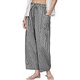 Yeokou Women Wide Leg Pants Casual Striped Cotton Mid Rise Drawstring Palazzo Trousers with Pockets