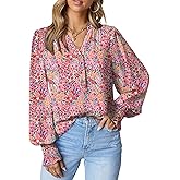 Dokotoo Women's Casual V Neck Easel Floral Print Long Sleeve Blouses Smocked Button Down Shirts Bohemian Top