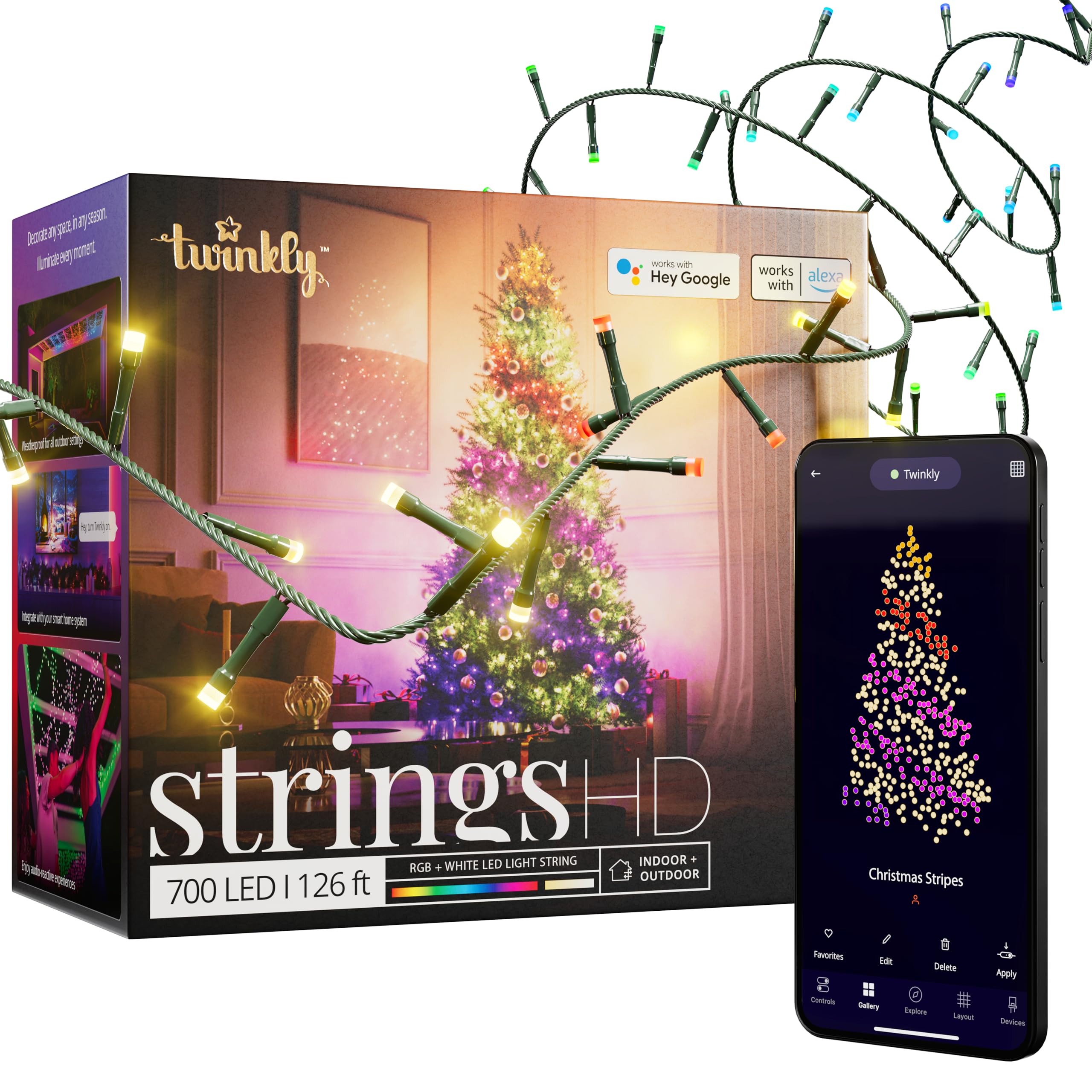 Twinkly Strings HD 700 Smart RGB+W LEDs, 38,5 Meter, Grüne Leitung, Weihnachtsbeleuchtung für Innen- und Außenbereich