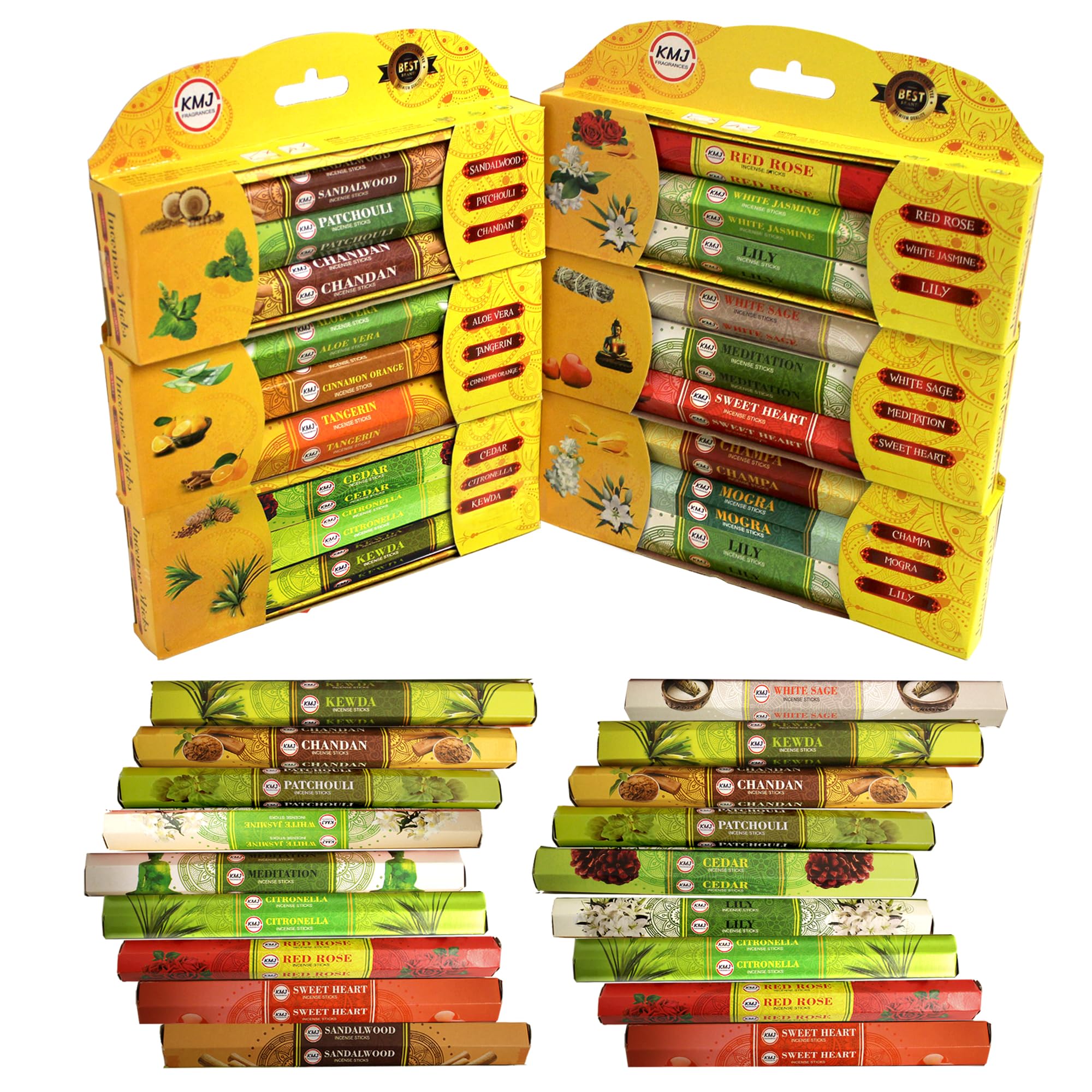 KMJ Incense Sticks - 16 Stick x 18 Packs Agarbatti - Mixed Premium and Unique Flavors- Citronella Incense Sticks - White Sage - Sandalwood - Patchouli Incens Stiks