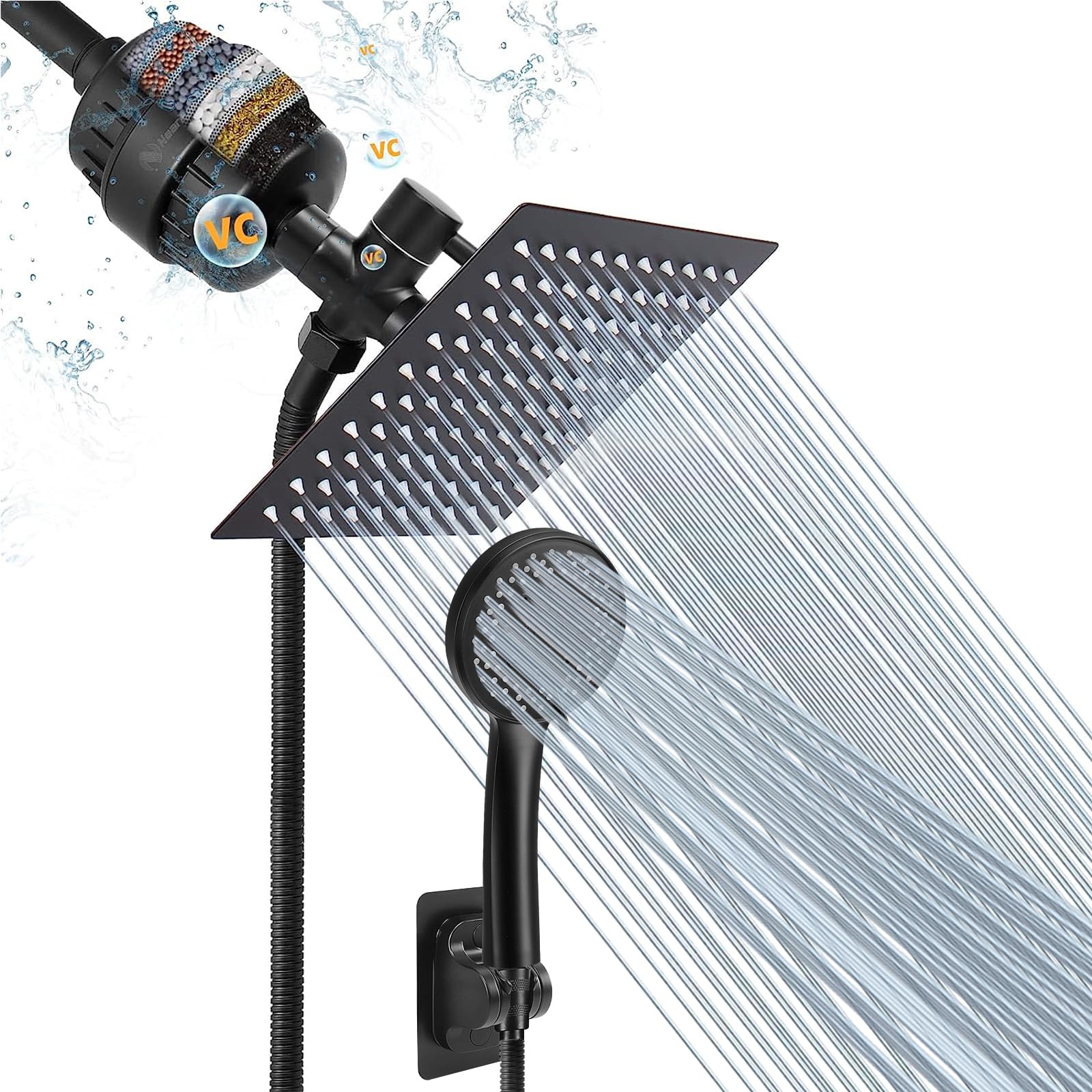 Photo 1 of NearMoon Filtered Rain Shower Head, High Pressure 8?Square, and 5 settings Handheld Shower Filter Combo with Self-adhesive Holder/1.5M Hose -1 Replaceable Filter Cartridge (Matte Black)