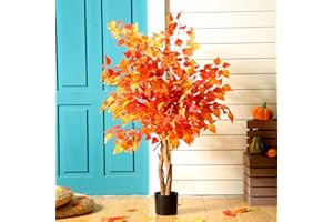 Craftydream 4ft Fall Eucalyptus Tree Artificial Ficus Autumn Tree Decor Artificial Faux Plants Decor with Silk Leaves for Party Porch Fireplace Front Door Outdoor Indoor Office