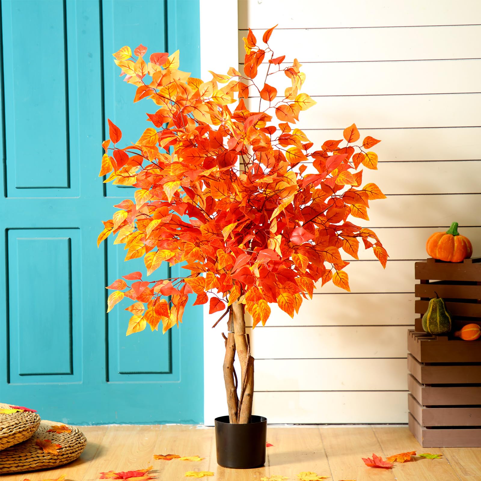 Photo 1 of **reference  image**Craftydream 4ft Fall Eucalyptus Tree Artificial Ficus Autumn Tree Decor Artificial Faux Plants Decor with Silk Leaves for Party Porch Fireplace Front Door Outdoor Indoor Office
