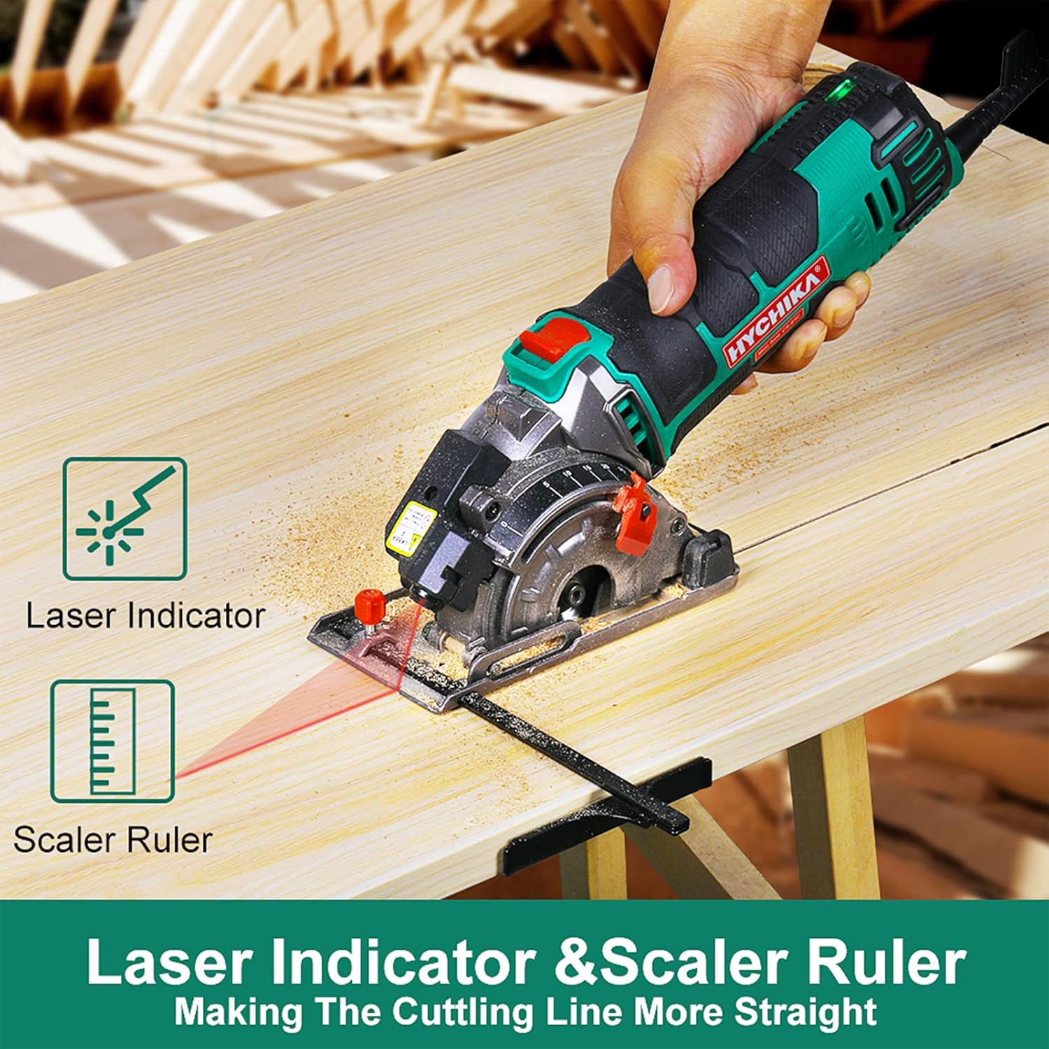 Mini Circular Saw, HYCHIKA Compact Circular Saw Tile Saw with 3 Saw Blades 4A Pure Copper Motor, 3-3/8”4500RPM Ideal for Wood, Soft Metal, Tile and Plastic Cuts, Laser Guide, Scale Ruler - - 