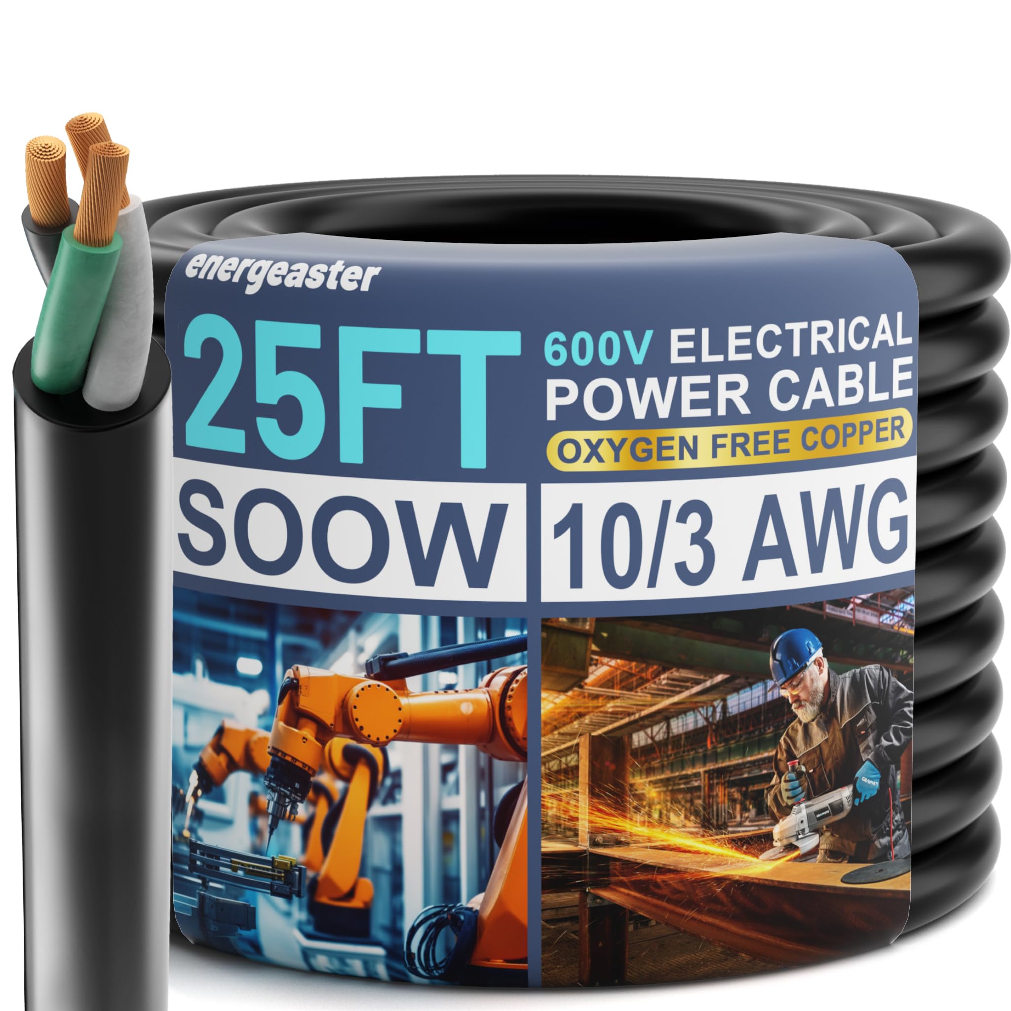 Photo 1 of Energeaster 10 Gauge Wire,SOOW Bulk Cable-10 Gauge 3 Conductor-Rated for 600V, 30A -Water & Oil Resistant Cable for Industrial & Residential Use-Ideal for Generators,Circuits,Data Centers(25 Foot)