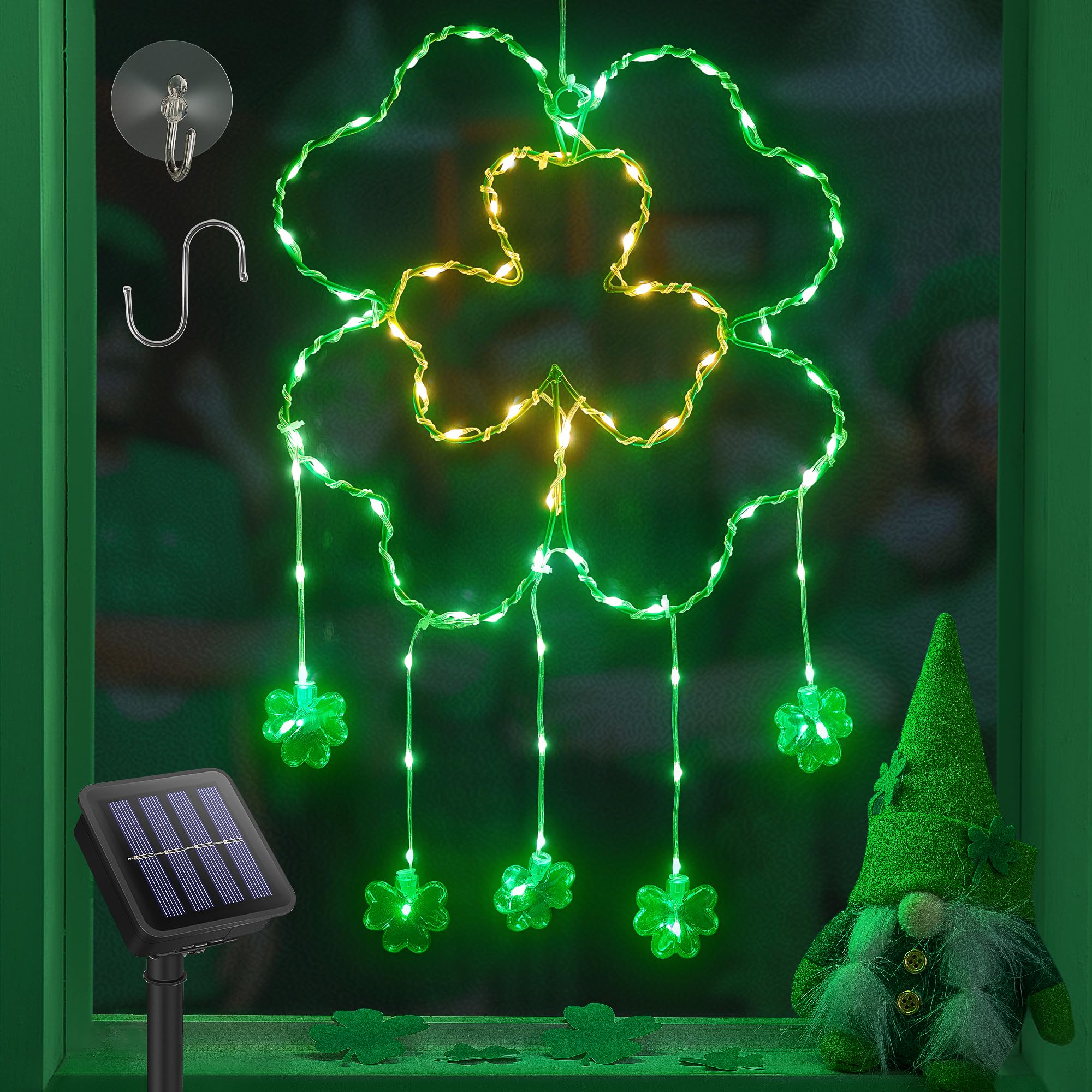 Photo 1 of BEEWIN Shamrock Solar Lights for St Patrick's Day Decorations,12in 73 LED Irish Lucky Green Shamrock Lights Outdoor Waterproof,8 Modes Clover Window Lights for St. Patrick's Day Spring Yard Wall Decor
