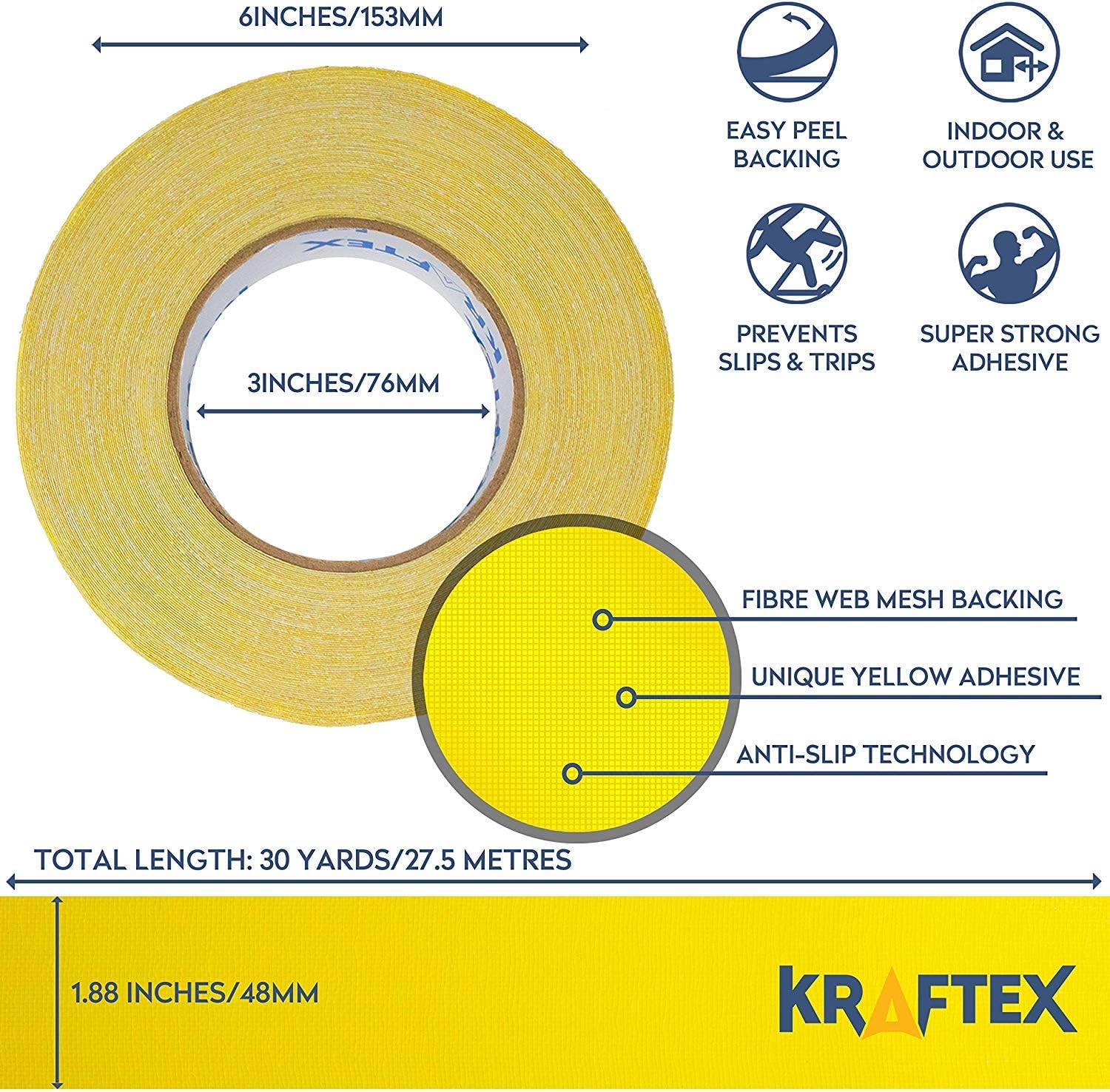 Double Sided Carpet Tape 90ft/30Yrd Roll Double Sided Tape Heavy Duty for Rugs, Mats, Pads & Runners. Rug Tape for Hardwood Floors, Tile, Laminate. 2 Sided Unique Adhesive Heavy Duty Double Stick Tape - - 
