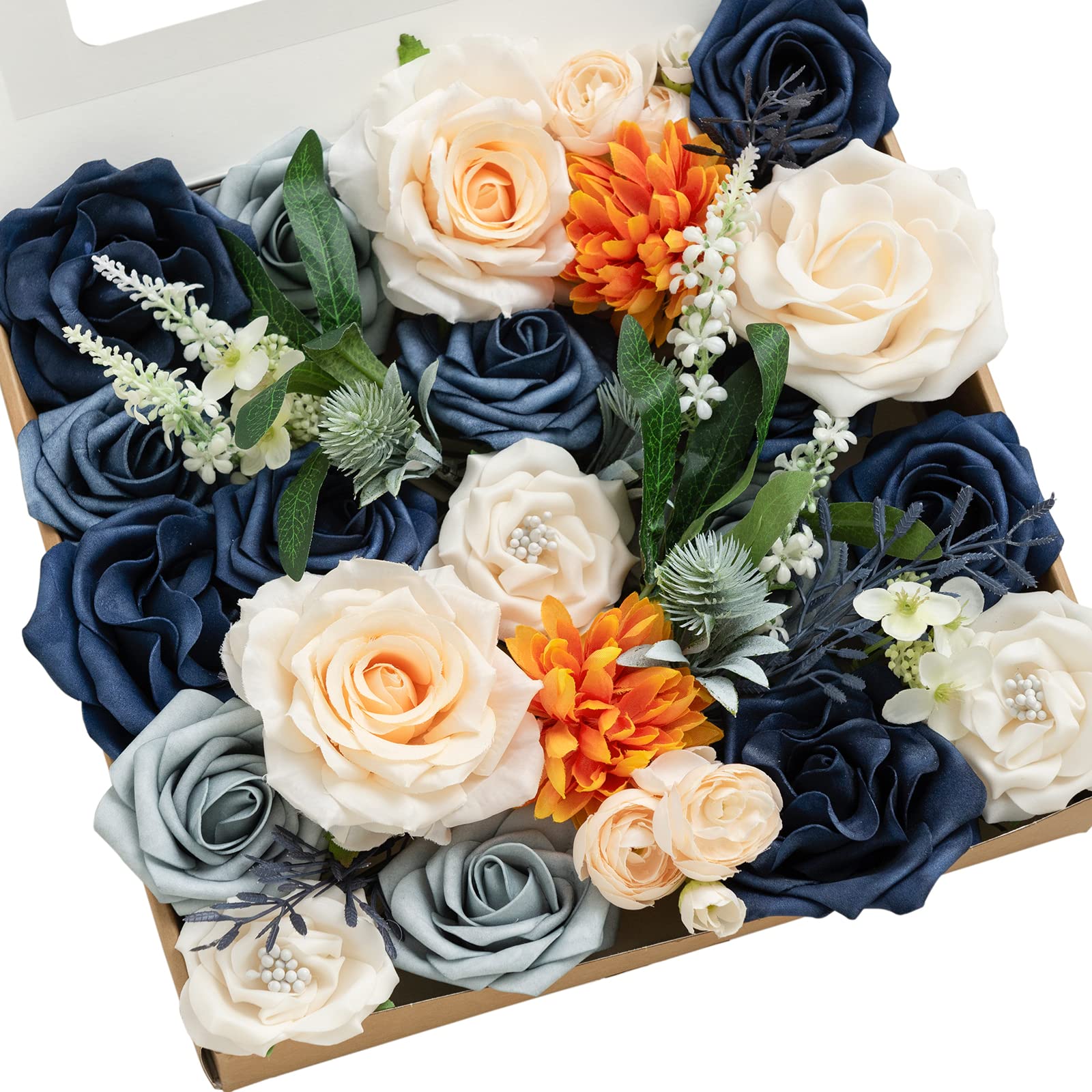 Photo 1 of Ling's Moment Navy Blue Artificial Flowers Grand Box Set, Classic Navy Blue & Orange Fake Flowes for DIY Bouquets Centerpieces Garlands Flower Arrangements
