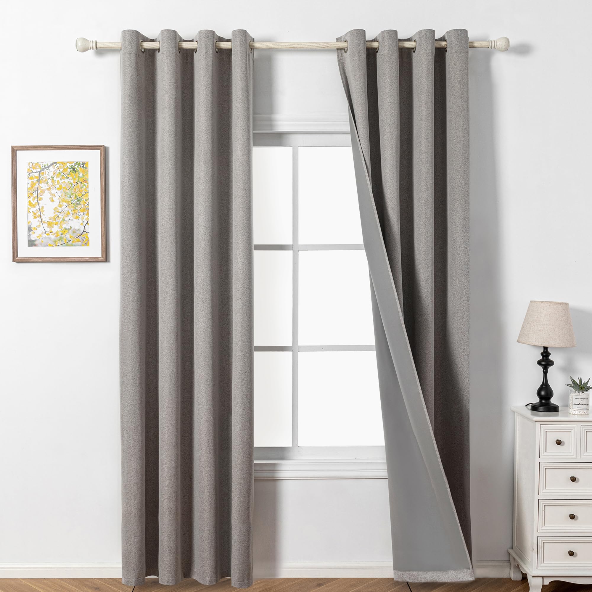 MYSKY HOME Curtain Linen Look Opaque Thermal Curtain with Eyelets Living Room Blackout Curtains with Eyelets Curtains Heat Protection Heat-Insulating, Linen, Set of 2 H 245 x W 140 cm
