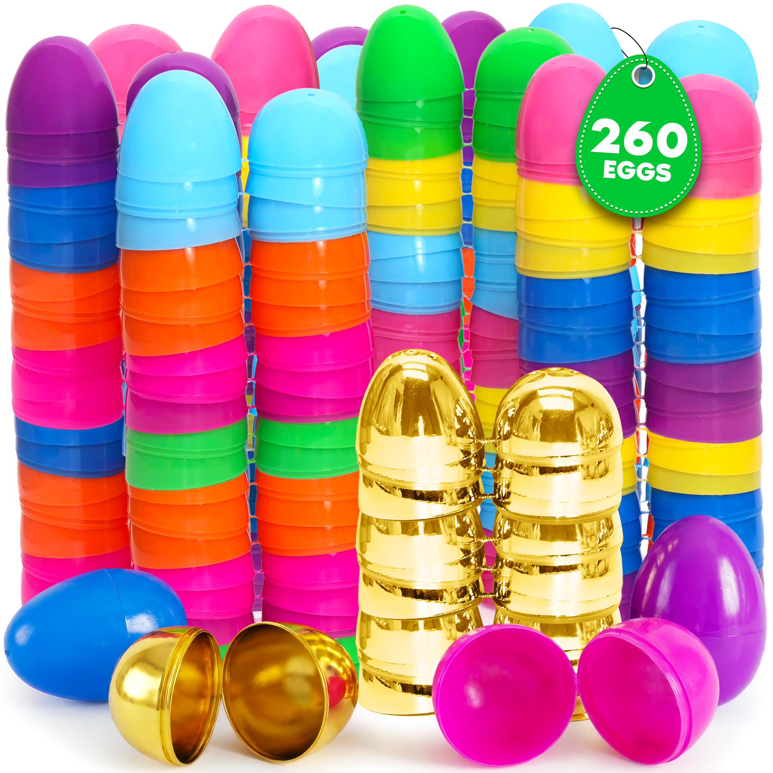 Taboom Bulk Easter Plastic Eggs 260 Count 2.3 Inch Empty Colored & Gold Fillable Egg with Strong Snap-Tight Seal For Easter Egg Hunts, Party Favors, Fillers & Basket Stuffers