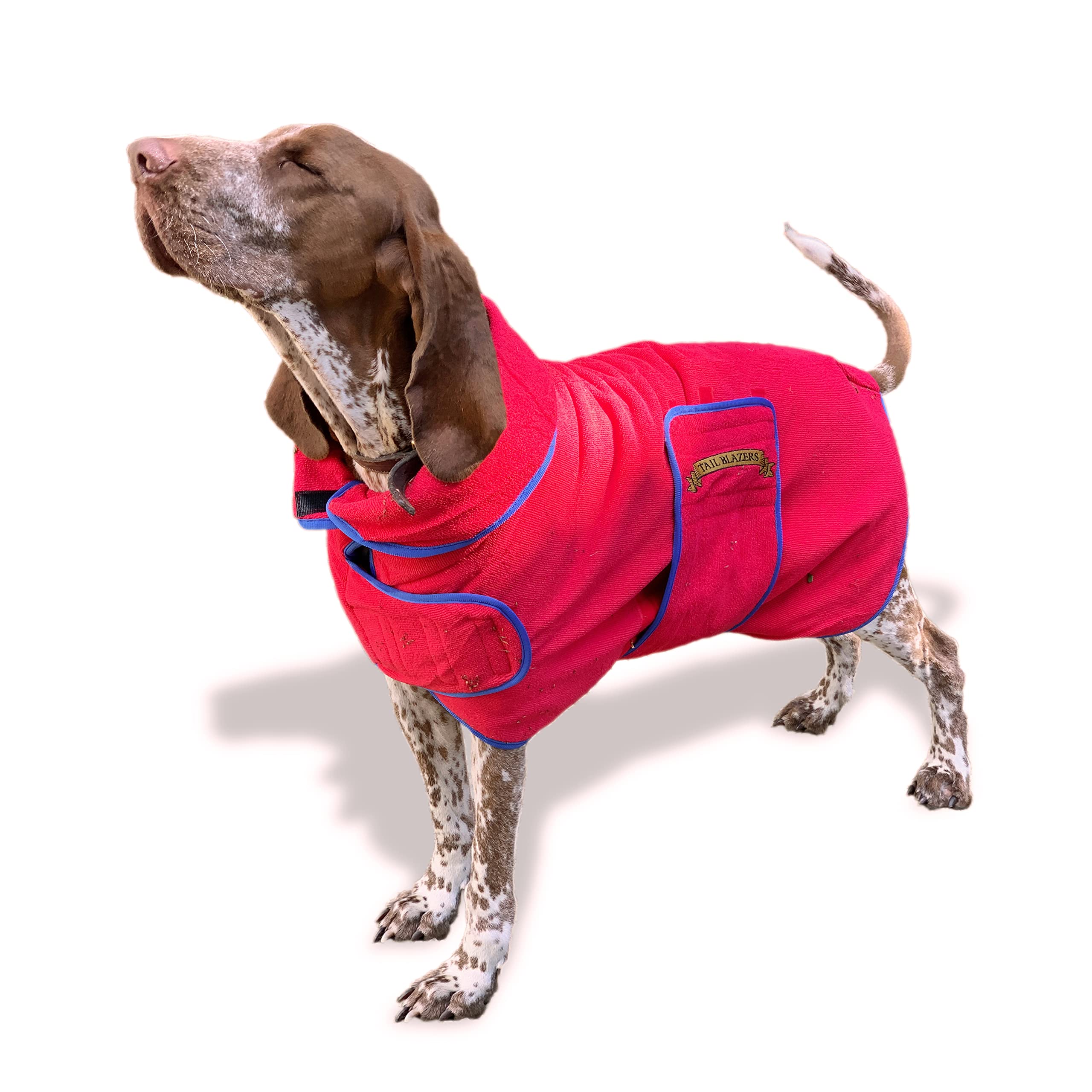 TAIL BLAZERS™ Super Absorbent Dog Drying Coat. Double Layer Microfibre Dry Robe with Car Safety D Ring. Towel Robe Pet Dryer Keep Dogs Dry and Warm. Camping and Beach Accessories. Machine Washable. L