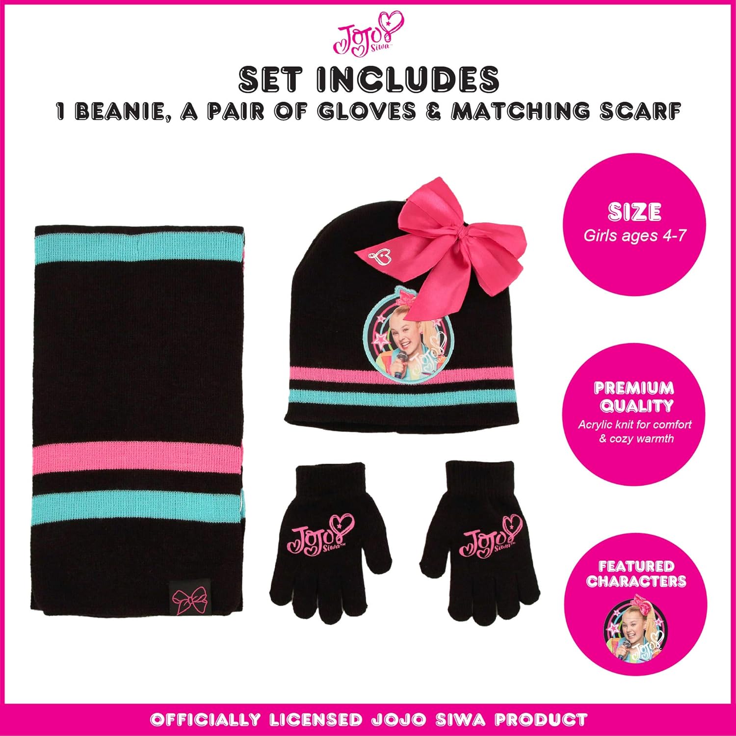 Nickelodeon JoJo Hat, Scarf and Gloves Cold Weather Set, Black, Girls, Ages 4-7: Clothing