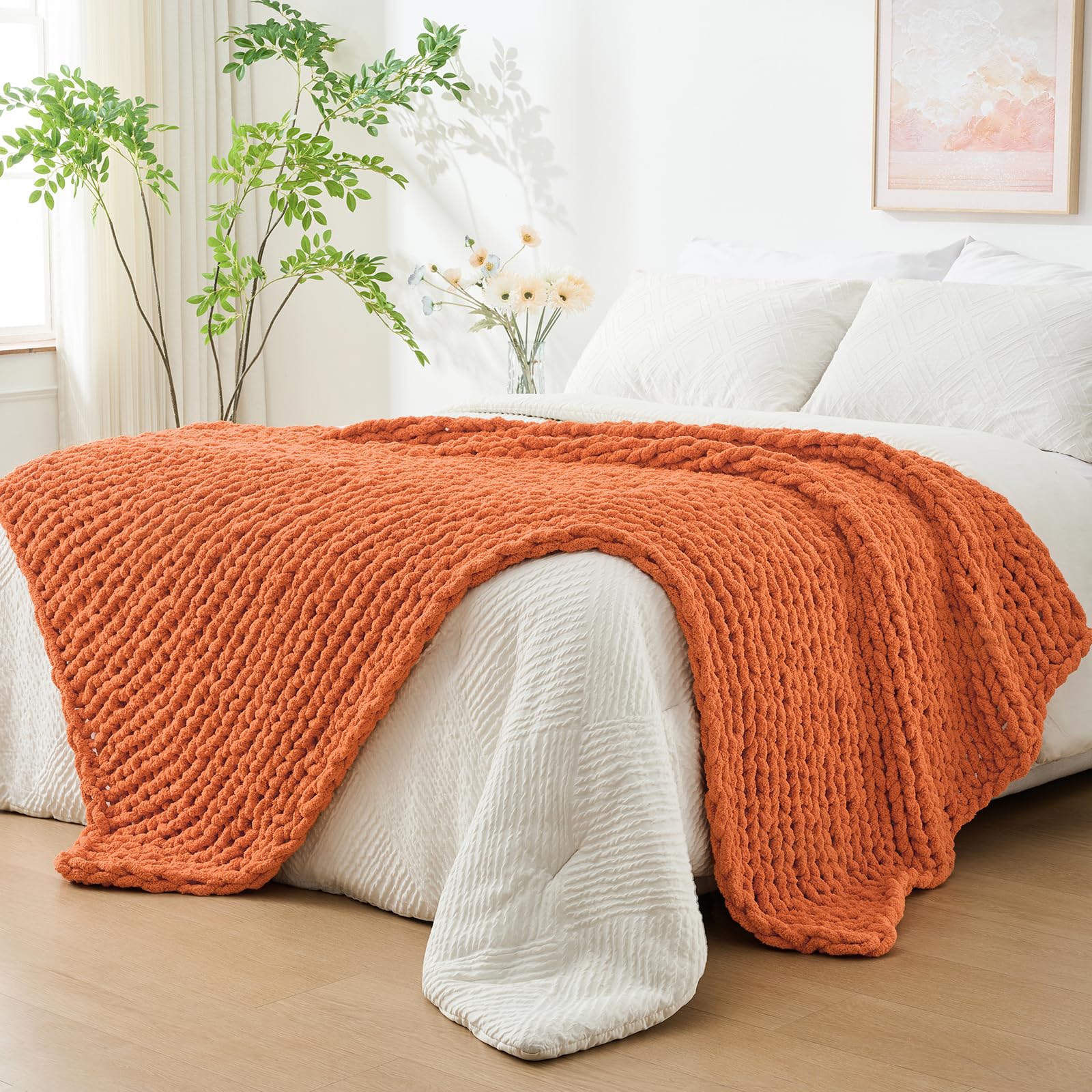 Photo 1 of Bigacogo Chunky Knit Throw Blanket for Couch, 51x63 inches, 100% Hand Knitted with Thick Jumbo Chenille Yarn, Cozy Soft Large Rope Knot Cable Crochet Blankets for Sofa Bed Living Room, Terracotta