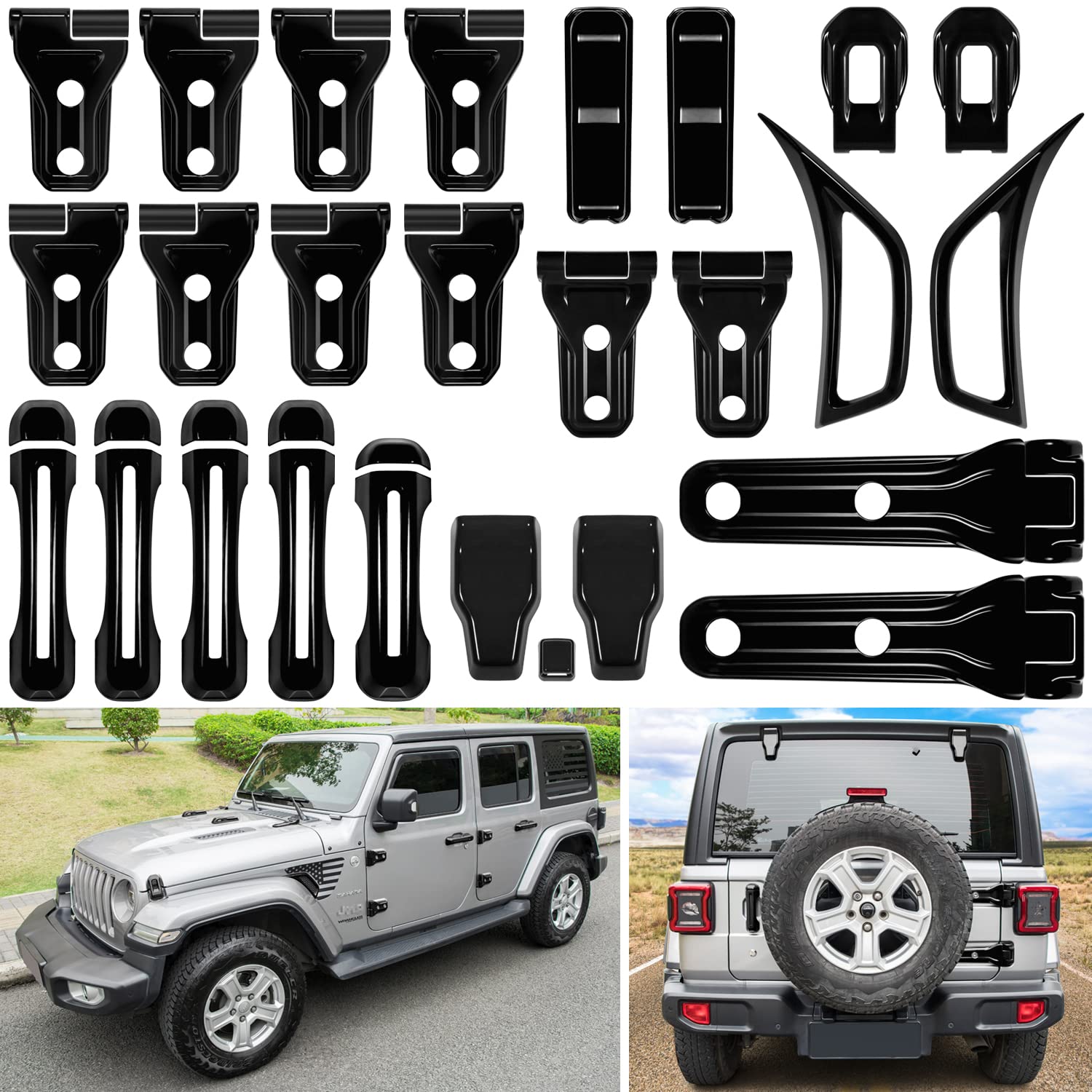 Photo 1 of 26PCS Full Set Exterior Decoration Trim Kit for Jeep Wrangler JL JLU 2018-2023 Door Hinge Handle Engine Hood Hinge Hood Latch Wheel Eyebrow Side Air Outlet Rear Tailgate Window Hinge Cover (Black)