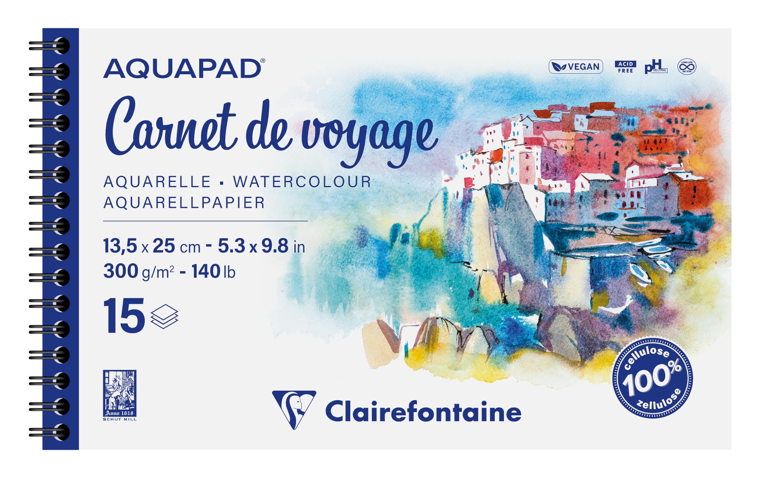 Clairefontaine 975957C - Aquapad Spiral-bound Travel Journal - 15 Sheets Medium-Fine Grain White Watercolour Paper 13.5x25cm 300g - For Globetrotting Artists
