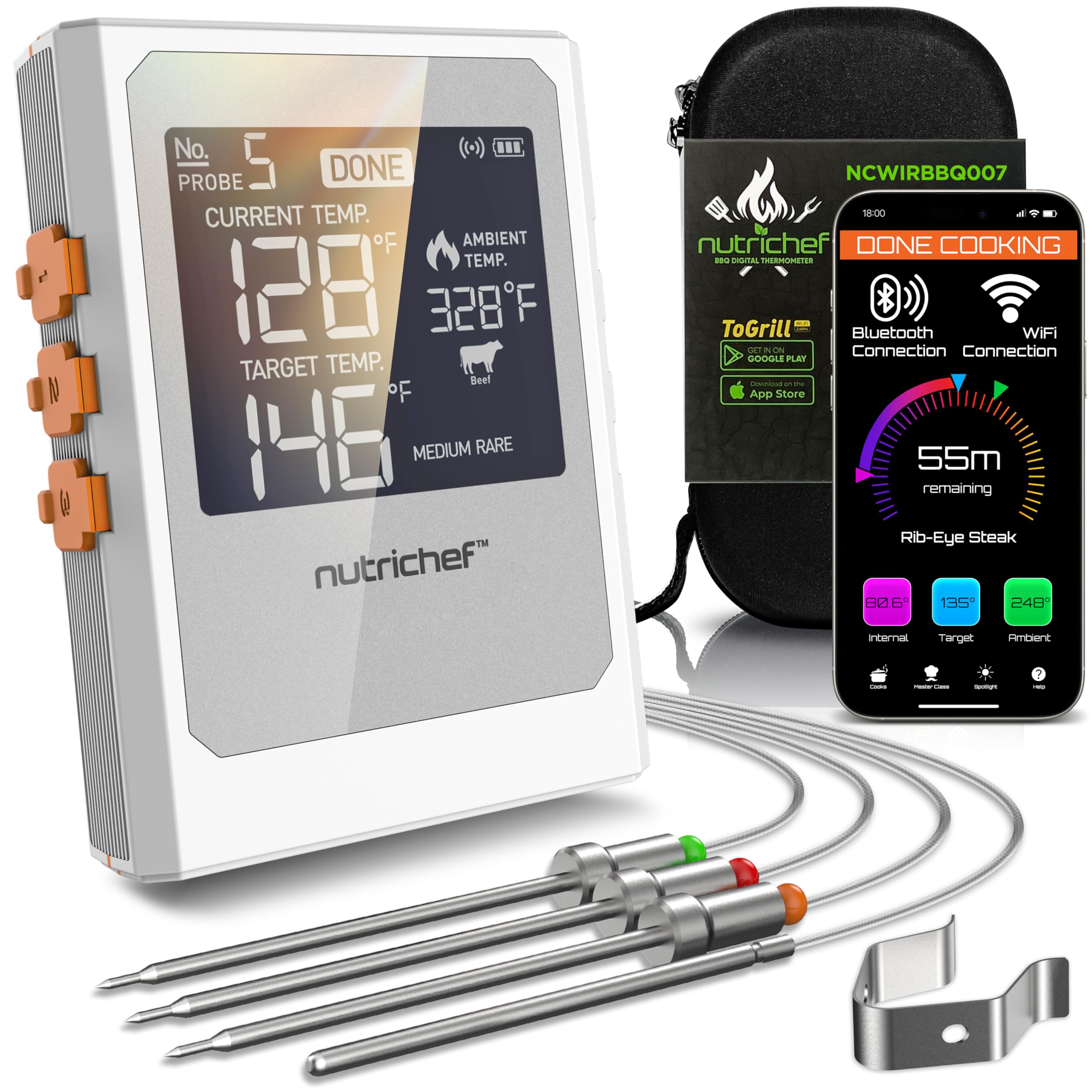 Photo 1 of **MISSING CHARGER WIRE**Nutrichef Wireless Meat Thermometer with 2 Stainless Steel Probes, Bluetooth and WiFi Smartphone App for Monitoring Food Temp and Remote Alerts, Digital Display, for Grilling and BBQ Smoking