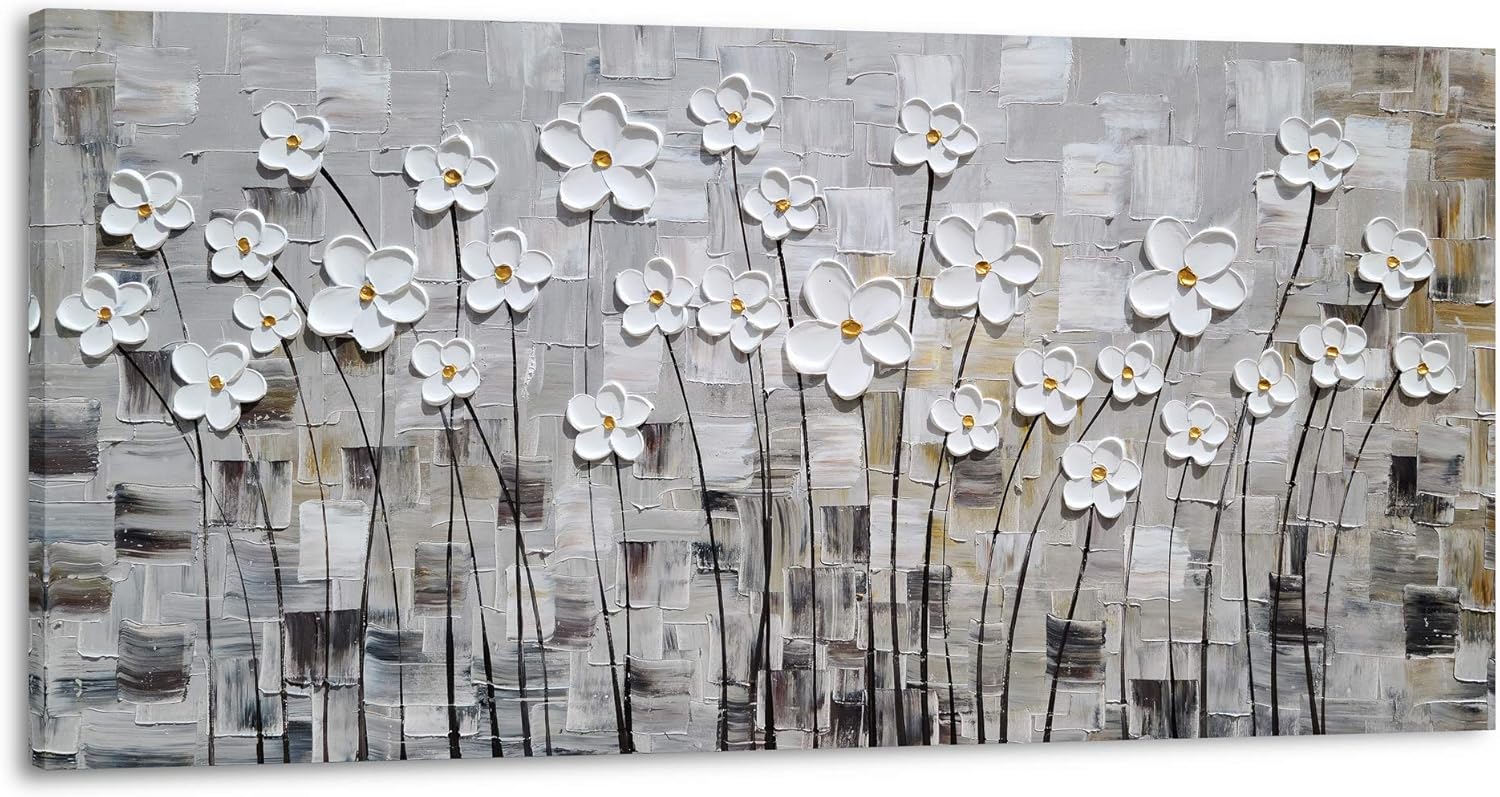 Paintings - Yihui Arts Flower Canvas Wall Art Hand Painted Large 3D Grey and White Painting Modern Abstract Aesthetic Pictures Artwork for Living Room Bedroom Kithchen Decoration