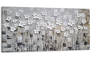 Yihui Arts Hand-Painted Textured White Floral Artwork on Gray Abstract Background - Modern 3D Flower Oil Painting for Living Room, Bedroom, Home Decor