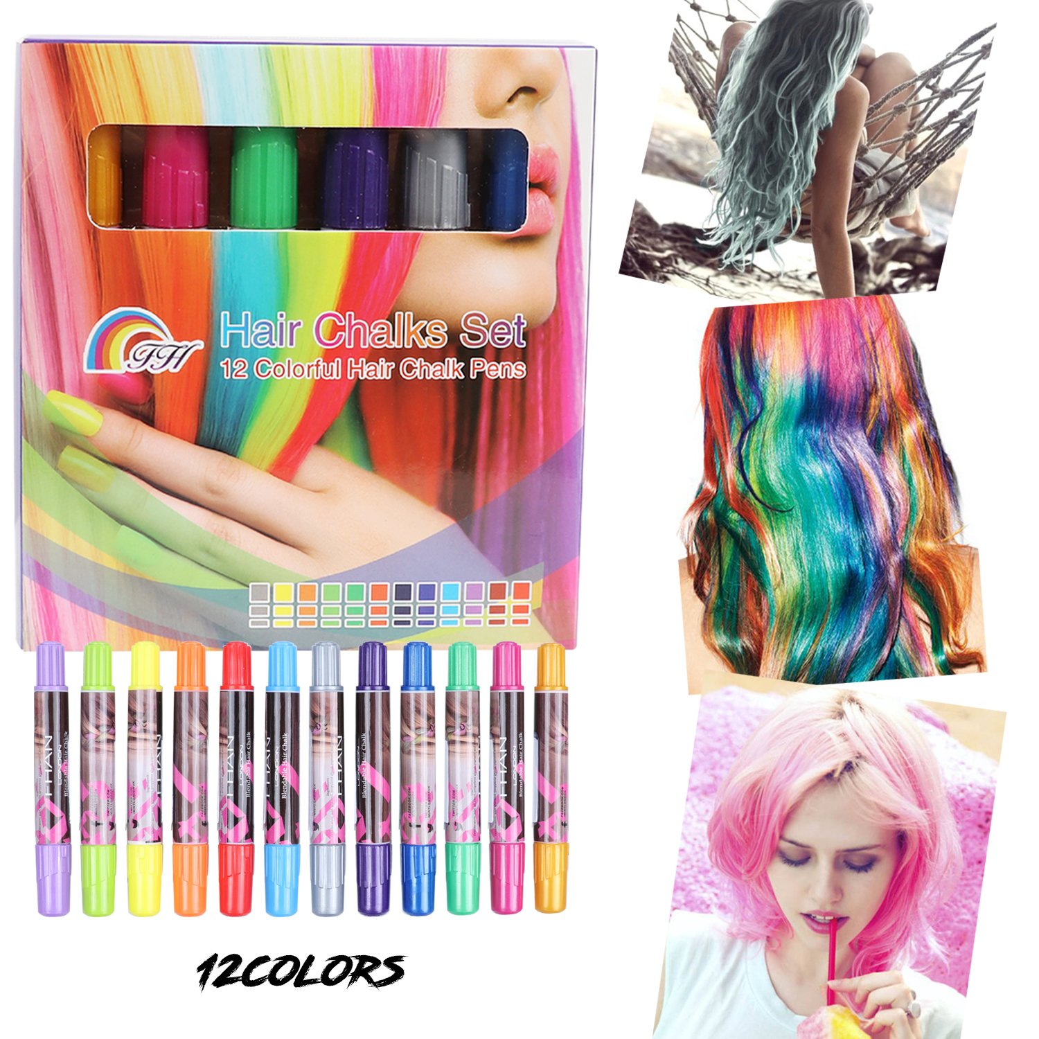 Temporary Bright Hair Chalk Set - XIAO MO GU 12 Colorful Hair Chalk Pens for All Hair Colors- Non-Toxic Portable Hair Coloring Chalk for Girls, Great Christmas Birthday Gifts Present for Girls