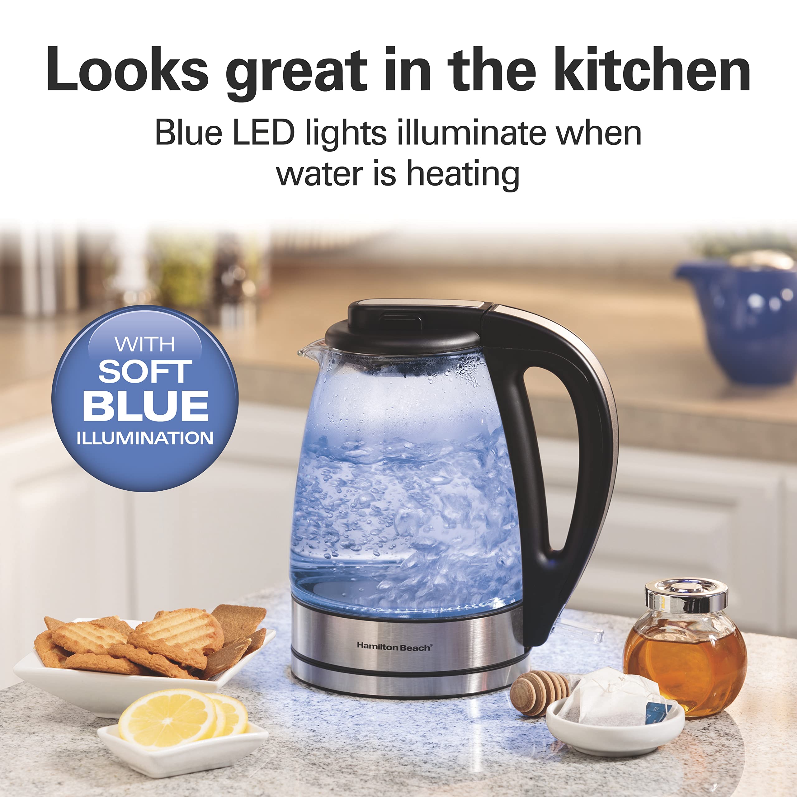 Hamilton Beach Glass Electric Tea Kettle, Water Boiler & Heater, 1 Liter, 1500 Watts for Fast, BPA Free, Cordless Serving, Auto-Shutoff & Boil-Dry Protection, Soft Blue LED (40930) - Image 5