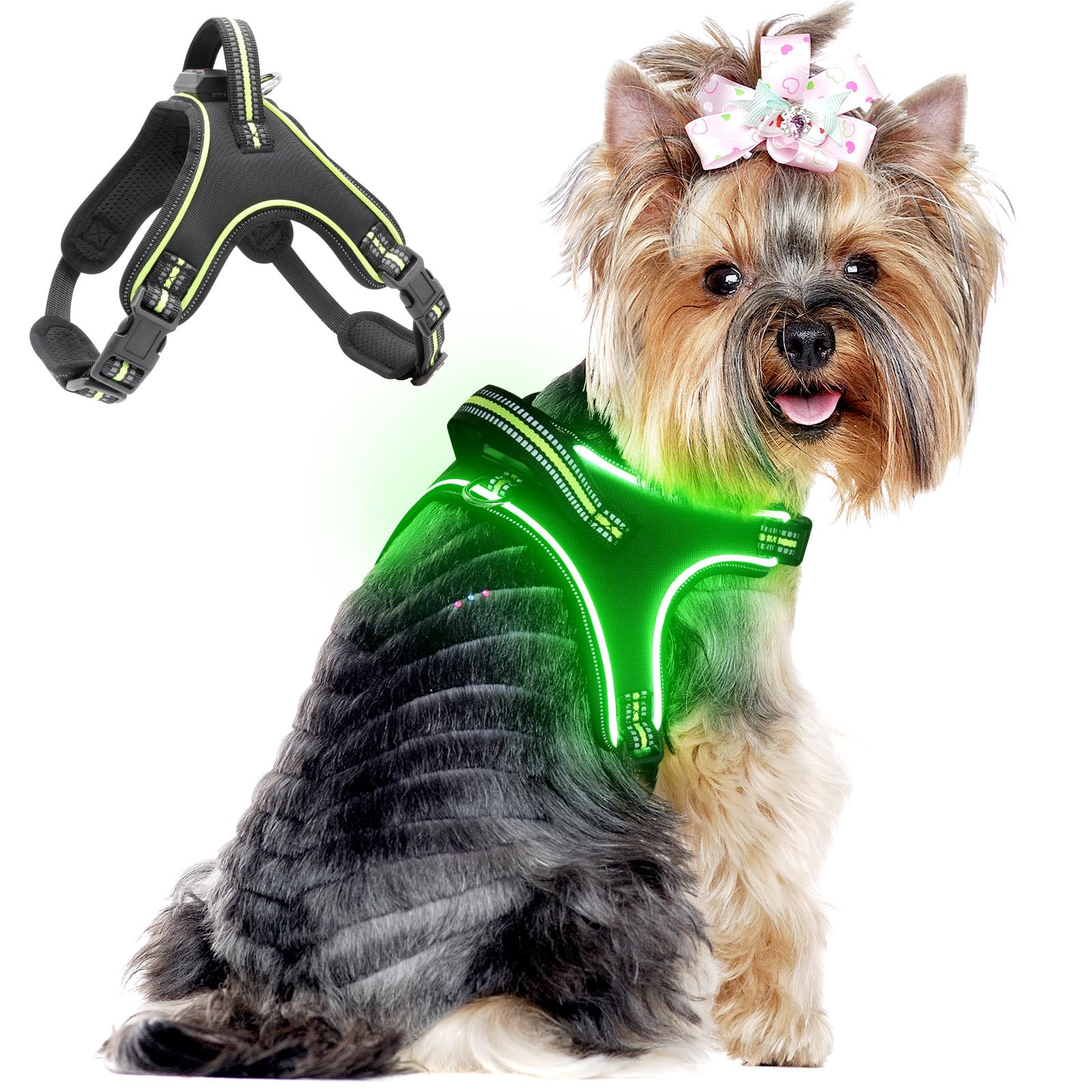 Light Up Dog Harness No Pull LED Dog Harness with Handle Rechargeable Rainproof Pet Harness for Night Walking Glowing Dog Vest Harness for Small Medium Large X-Large Dogs (Green, S)