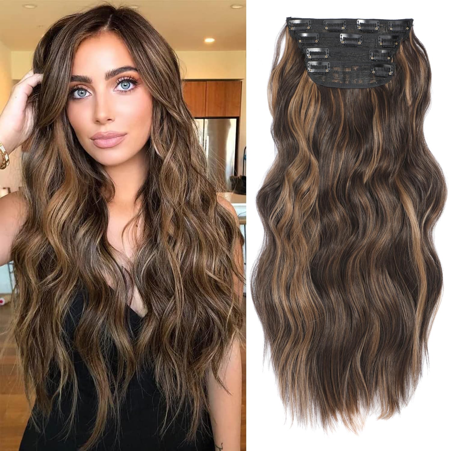 20inch Hair Extensions Clip in 4Pcs Curly Full Head Synthetic Hair Extension Wavy hair Pieces for Women (20Inch, Honey Brown Balayge) โ image 1
