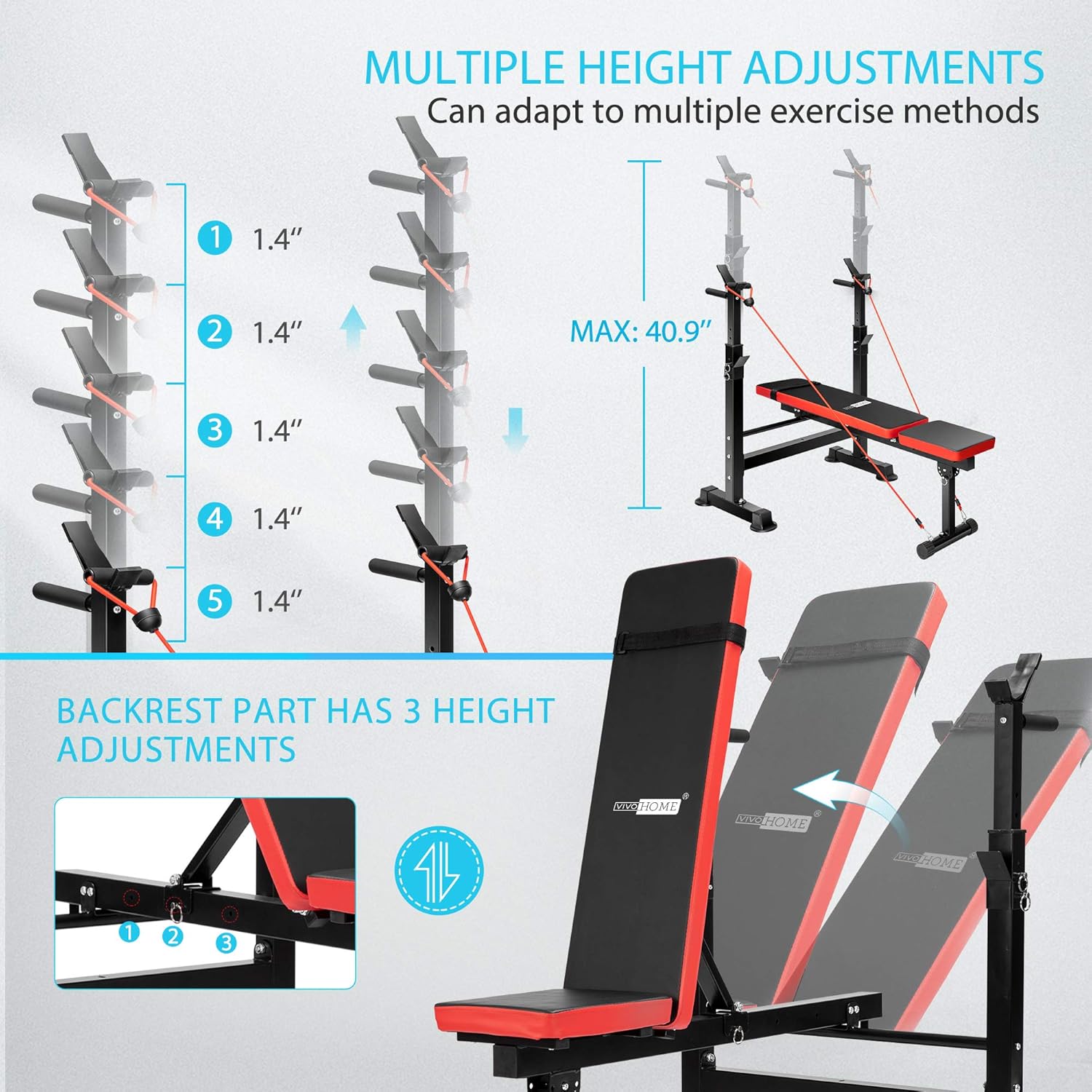 VIVOHOME Adjustable Folding Multi-Function Weight Bench with Barbell Rack Set Incline Decline Capability for Full Body Workout Home Gym Strength Training Easy Storage Black Red 330LBS: Sports & Outdoors