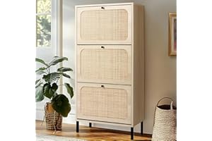 Miscoos Ultral Thin Shoe Storage Cabinet with 3 Flip Drawer Door, Narrow Hidden Entryway Shoe Organization, Freestanding Rattan Slim Shoe Closet for Small Space, Porch,Front Door,Entrance,Hallway