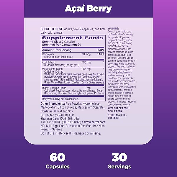 NATROL ACAI BERRY, DIETARY SUPPLEMENT, ANTIOXIDANT PROTECTION & DEFENSE, THE ULTIMATE SUPER FRUIT, 1,000 MG VEGGIE CAPSULES, 60 COUNT