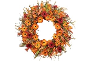 J'FLORU Artificial Fall Wreath 22 Inch Autumn Wreaths for Front Door Orange Daisy Wreath with Wildflowers Berries for Indoor Outdoor Wall Farmhouse Thanksgiving Day Harvest Festival Celebration