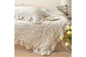Kids Toddler Muslin Quilt with Ruffles, Soft Cozy Quilt Blanket Gauze Thin Comforter Reversible Bed Cover All Seasons Machine