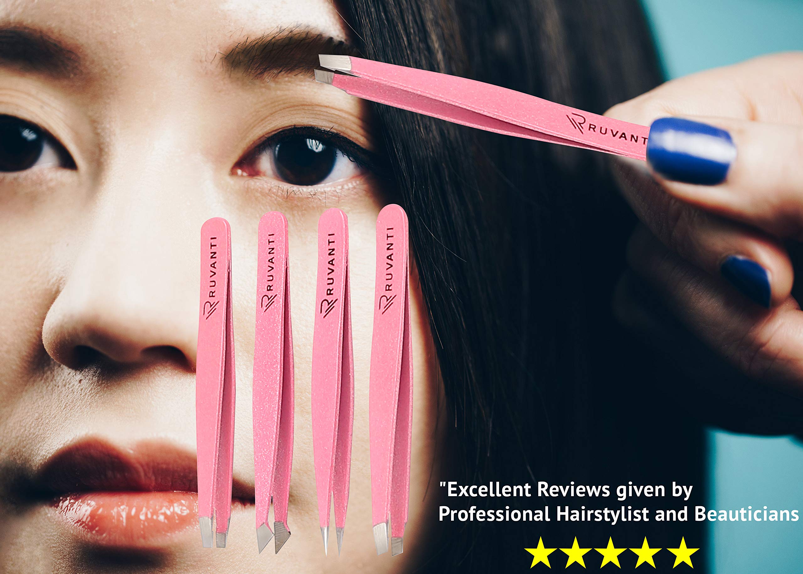 Ruvanti-4 Piece Professional Stainless Steel Tweezers Set - Eyebrow Tweezers, Slant tip, Pointed & Straight Best Precision Tweezers for Facial & Ingrown Hairs,Splinter & Hair.