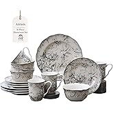 222 Fifth Adelaide 16-Piece Traditional Antique White Porcelain Dinnerware Set – Service for 4, Romantic Bird & Floral Design, for Everyday Dining & Entertainment, Microwave & Dishwasher Safe