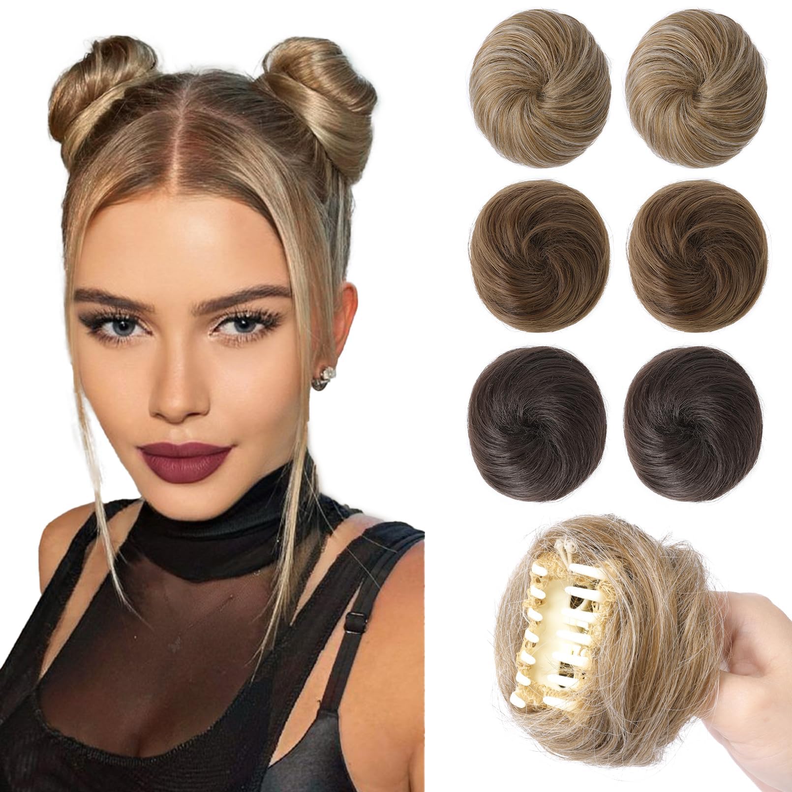 REECHO Space Bun Hair Pieces, 2 PCS Mini Claw Clip in Messy & Cat Ears Fake Hair Bun Extensions Wig Accessory Updo Hairpieces for Women Girls (Pack of 2-3" Straight, Dark Blonde)