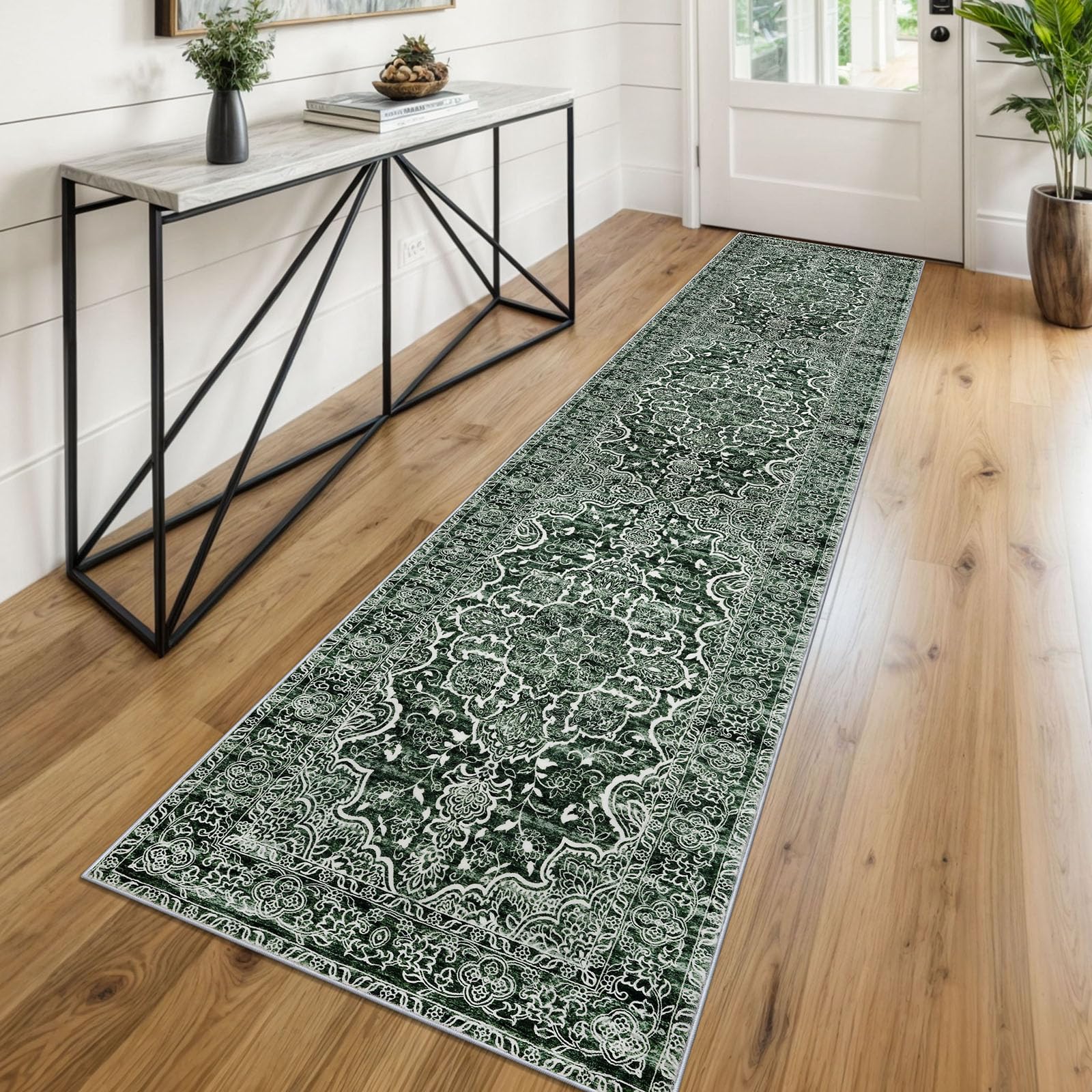 KUTA Vintage Runners for Hallways 2x8 Dark Green, Modern Floral Kitchen Rugs Non-Slip Washable Ultra Soft Printed Retro Distressed Carpet Entryway Runners for Bedroom Living Room Decor Image