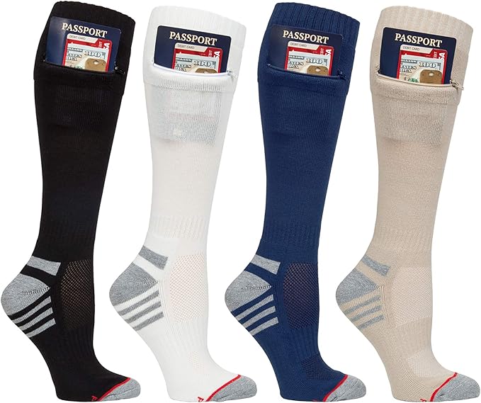 Pocket Socks Men's 4Pack Travel Passport Security Over the Calf
